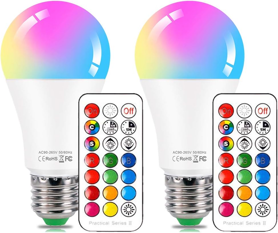 LED Color Changing Light Bulb with Remote Control, 10W E26 RGB Daylight White 5700K LED Bulbs Dimmable with Memory Function, Ideal Lighting for Home Decoration,Stage,Bar,Party, 2 Pack