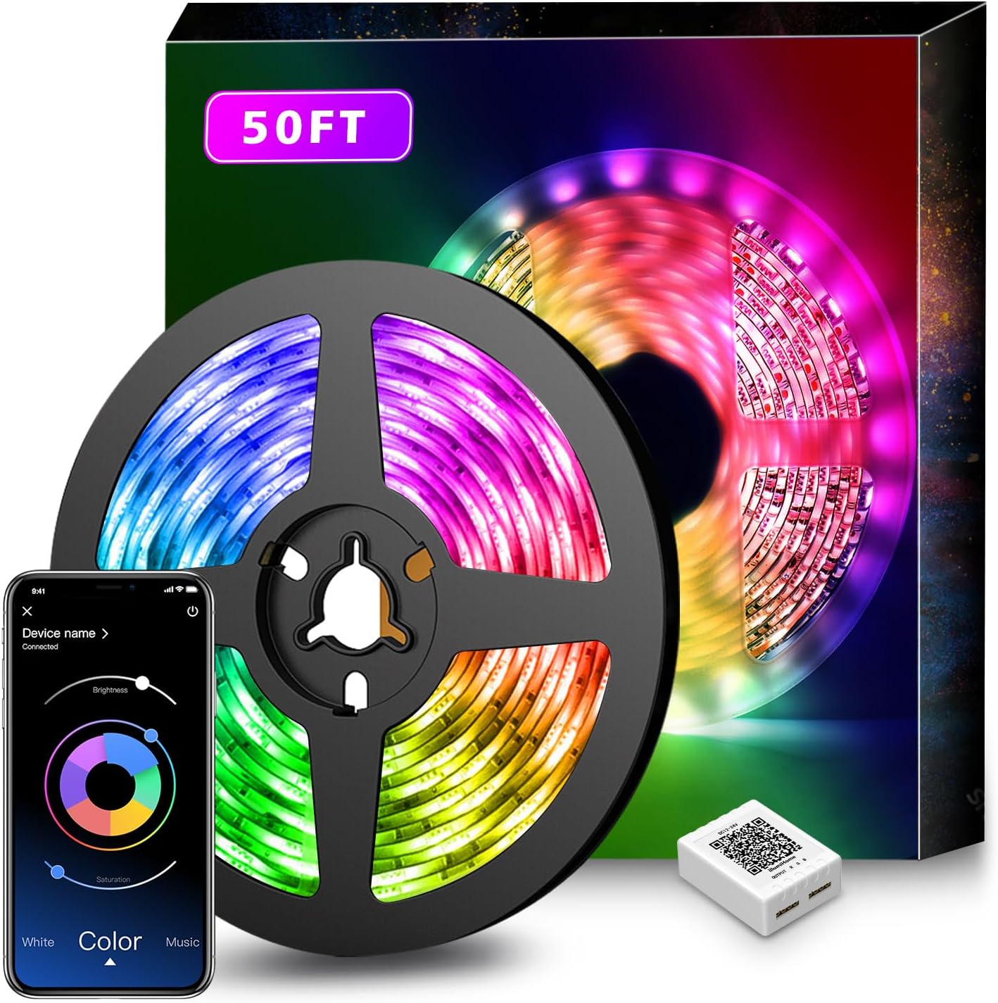 Nexillumi 50Ft Music Sync Color Changing LED Strip Lights with Remote, App Control, and Built-in Mic (APP+Remote+Mic)