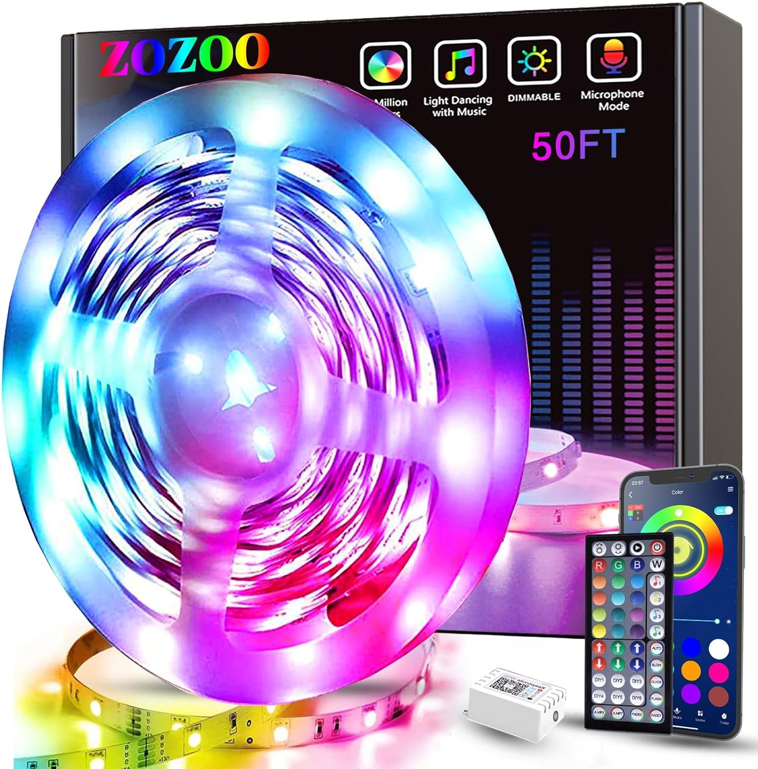 LED Lights for Bedroom 50ft, Smart LED Strip Lights Bluetooth APP & Remote Control, RGB LED Lights Music Sync with Color Changing for Room Home Party Decoration