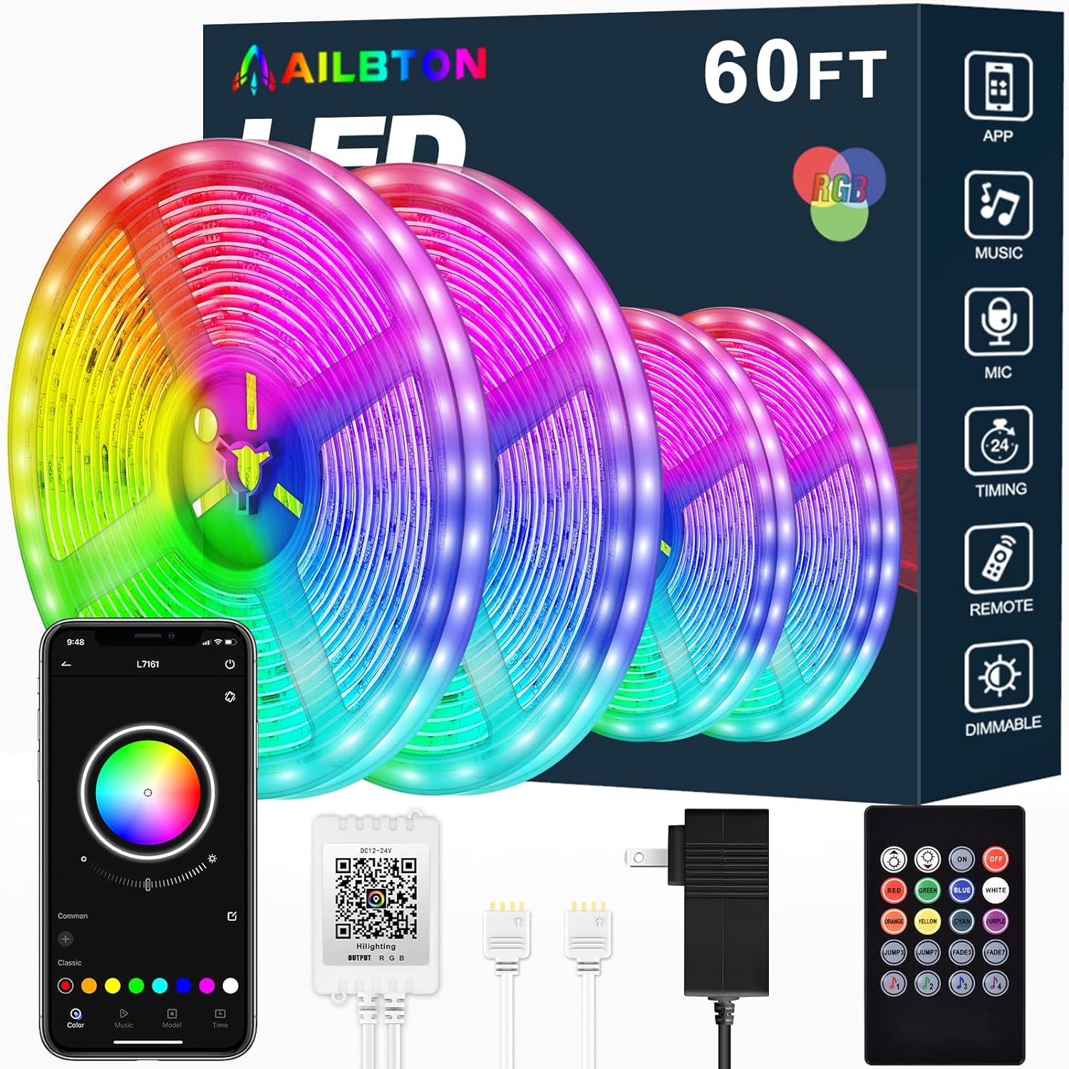 AILBTON Led Strip Lights,60ft Music Sync Color Changing, Built-in Mic,Bluetooth App Control LED Tape Lights with Remote,5050 RGB Rope Light Strips