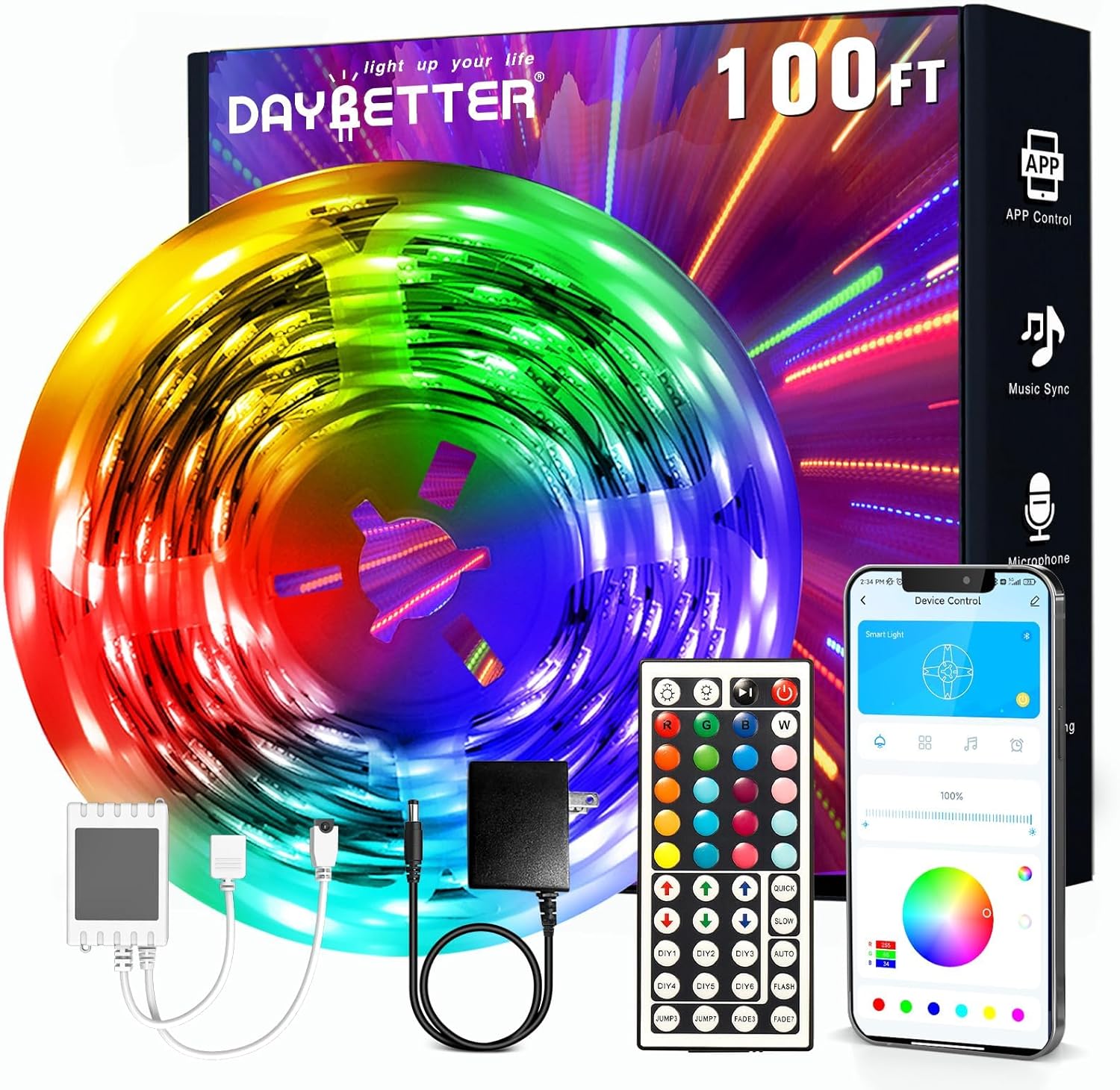 DAYBETTER LED Strip Lights 100ft, Smart Light with App Remote Control, RGB LED Lights for Bedroom, Music Sync Color Changing Lights for Room Home Decor Party Festival(1 Roll)