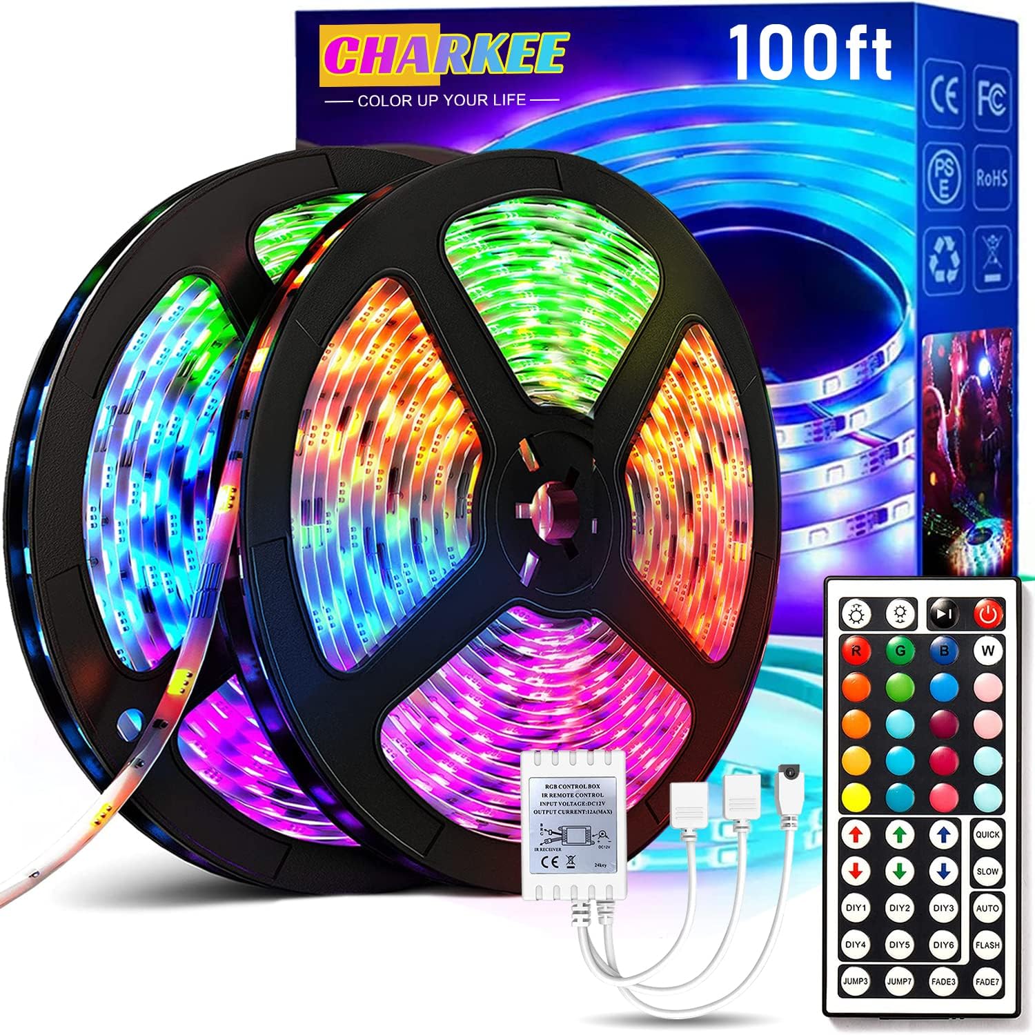 CHARKEE LED Lights for Bedroom 100 ft, Color Changing LED Strip Lights with 44-Key Remote, 24 Volt RGB SMD2835 Tape Lights for Bedroom, Room Decor, Indoor, IG, TikTok, DIY(44key Remote 50ftX2)