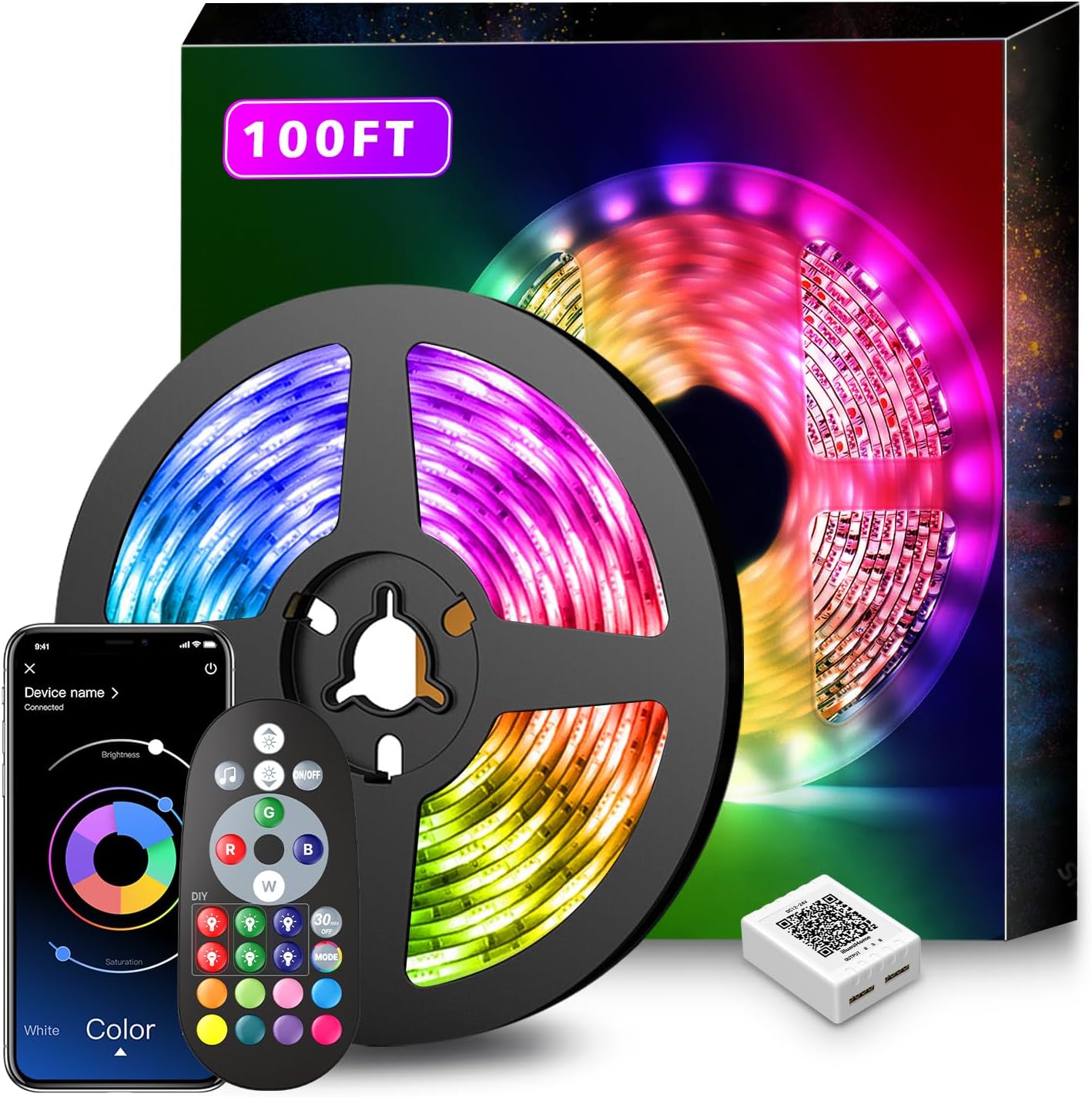 Nexillumi 100Ft Music Sync Color Changing LED Strip Lights with Remote, App Control, Built-in Mic (APP+Remote+Mic)