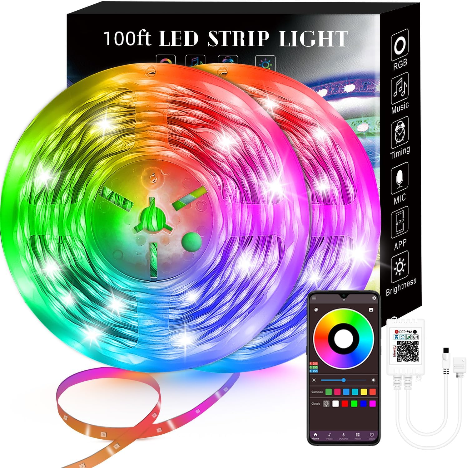 100FT Smart LED Strip Lights (2 Rolls of 50ft), RGB Strip Lights Sync to Music with 40 Key Remote Controller LED Lights for Bedroom,Christmas Lights decration (Multi-Colored, 100FT)