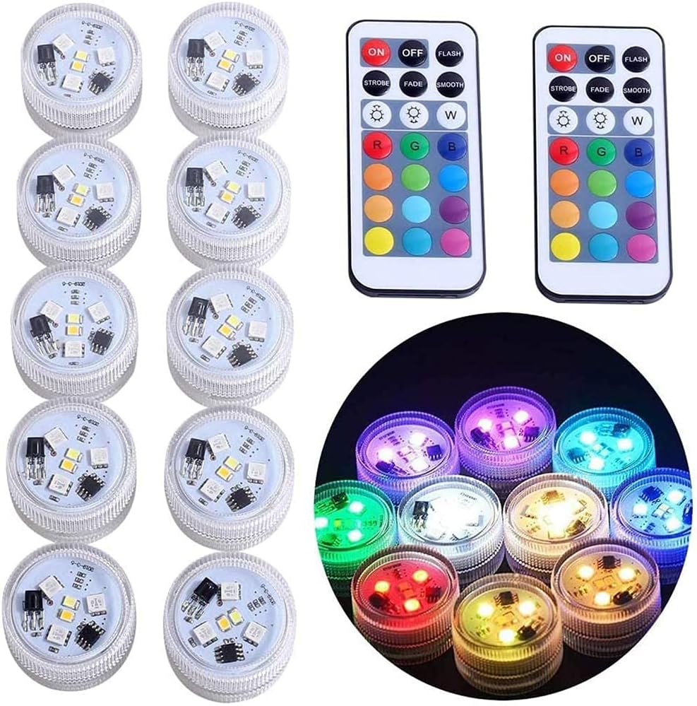 Mini Submersible Led Lights with Remote, Small Underwater Tea Lights Candles Waterproof 1.5 RGB Multicolor Flameless Accent Lights Battery Operated Vase Pool Pond Lantern Decoration Lighting (10pcs)