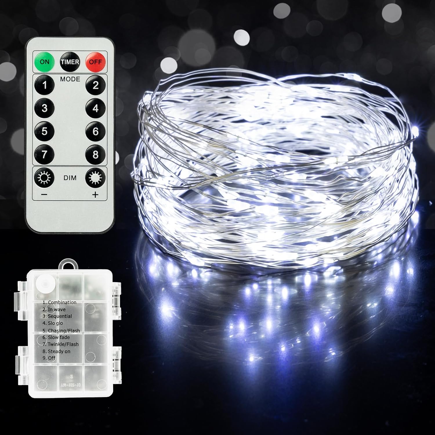 Twinkle Star Christmas Fairy Lights Battery Operated, 33ft 100 LED Waterproof Silver Wire String Light, Remote Control & 8 Modes Indoor Outdoor Xmas Tree Wedding Party Decorations, White, 1 Pack