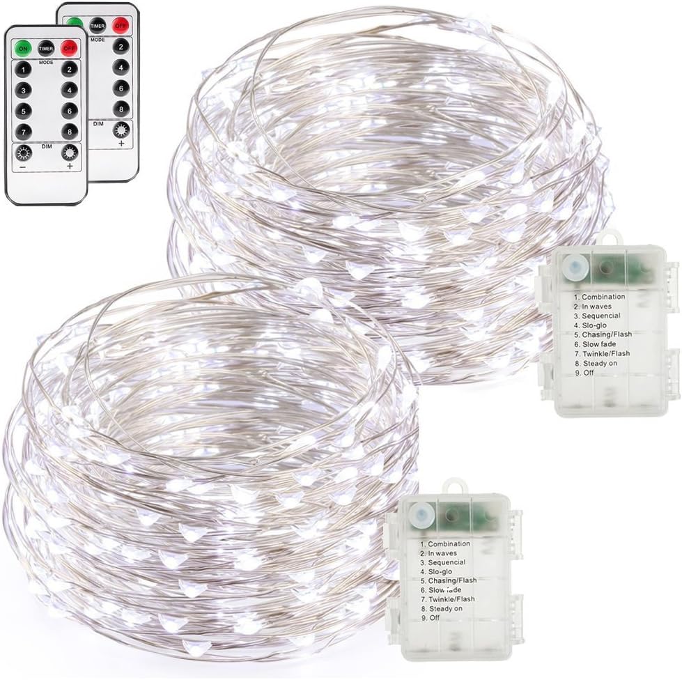 buways Fairy Lights,2-Pack Battery Operated Waterproof Cool White 50 LED Fairy String Lights,16.4ft Silver Wire Light with Remote Control for Christmas Parties,Garden and Home Decoration