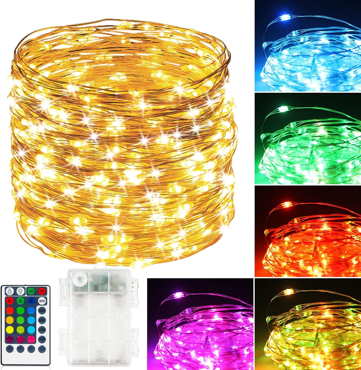 39Ft 120 LED Fairy Lights Battery Operated, RGB Color Changing String Lights with Remote, Timer - Battery Powered Fairy Lights for Bedroom Party, Twinkle Lights for Indoor Outdoor Christmas Decoration