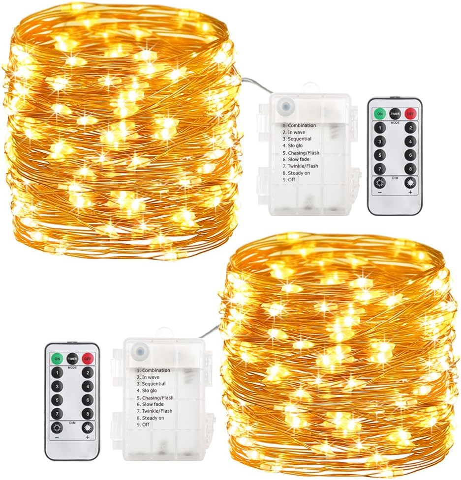 2 Pack 20 Feet 60 Led Fairy Lights Battery Operated with Remote Control Timer, 8 Modes Waterproof Copper Wire Twinkle String Lights Christmas Lights for Bedroom Party Indoor- Warm White