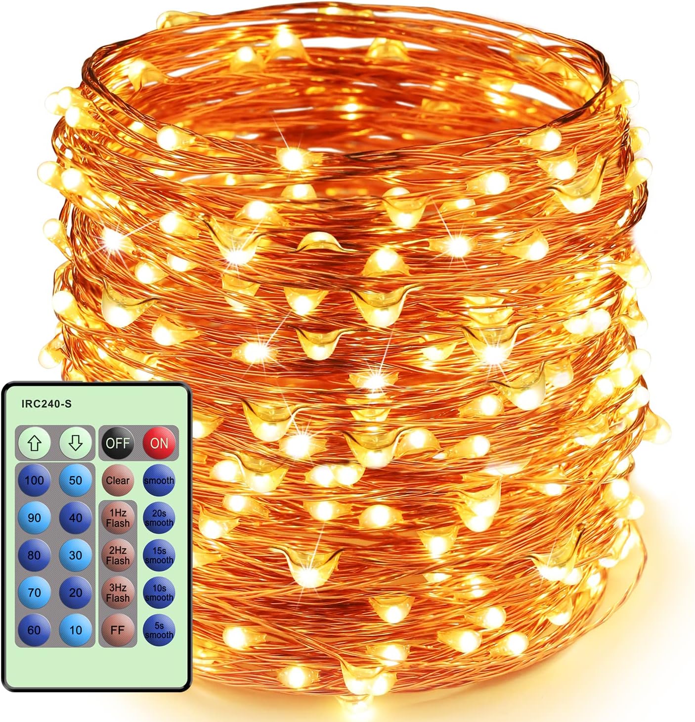 Outlet LED String Lights with Remote Control 99ft with 300 LEDs Dimmable Fairy String Lights for Bedroom,Trees, Indoor/Outdoor Copper String Lights for Birthday, Wedding,Party Warm White