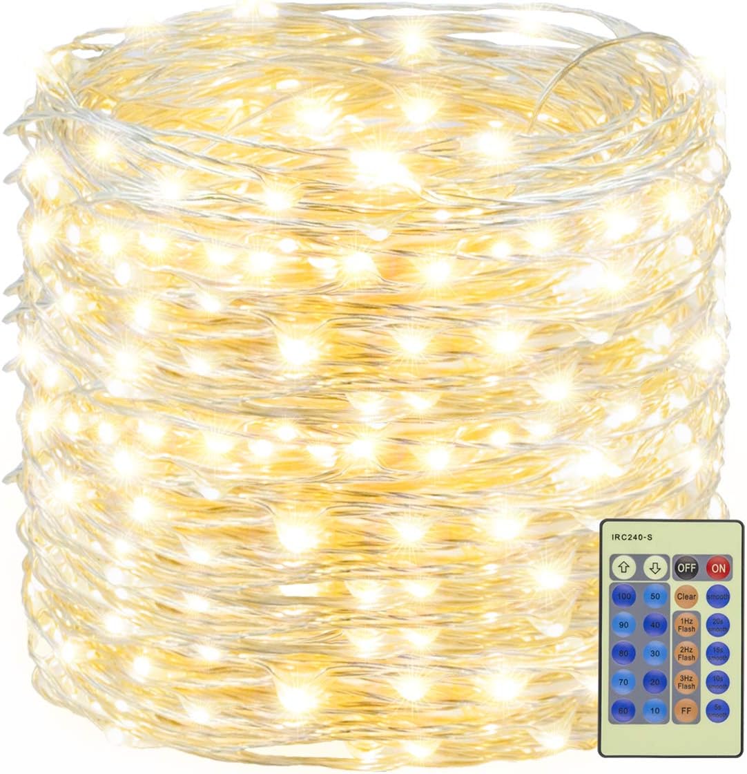 500LED 164ft Fairy String Lights Christmas Lights Indoor Outdoor Silver Wire with Remote, Firefly Lights Starry for DIY Christmas Tree Costume Wedding Party Table Centerpiece Decor(Warm White)