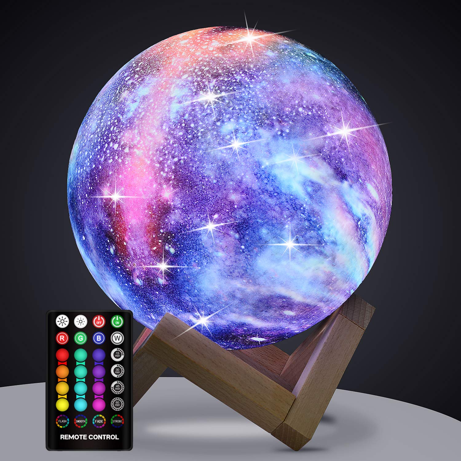 Moon Lamp, Kids Night Light Galaxy Lamp - 16 Colors Moon Light with Wood Stand Remote & Touch Control USB Rechargeable Gift for Girls&Boys Lover Birthday - 4.8 inch