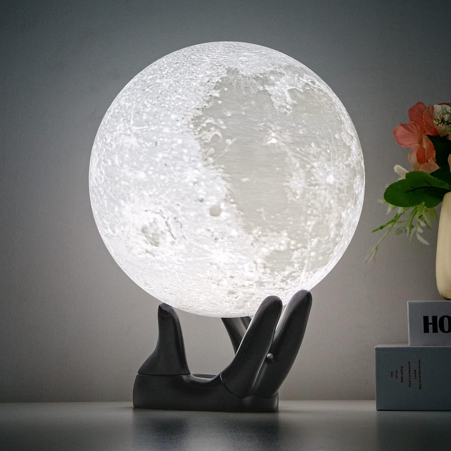 BRIGHTWORLD 5.9inch Moon Lamp 3D Printing Moon Light 16 Colors Night Light, Birthday Gift Christmas Gift for Women Men Girls Boys Kids, Remote/Touch Control USB Rechargeable (Black Hand Stand)