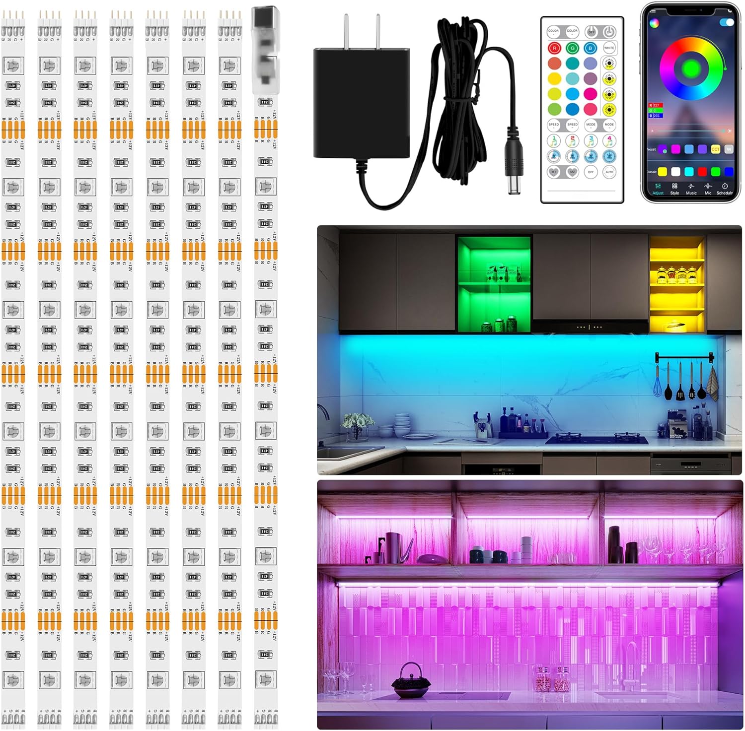 maylit 8 PCS RGB Under Cabinet Lighting Kit, App and Remote Control Strip Lights, Music Sync Color Changing Led Lights with ETL Listed Power Adapter, for Cabinet, Counter, Shelf, Bookcase, 13ft