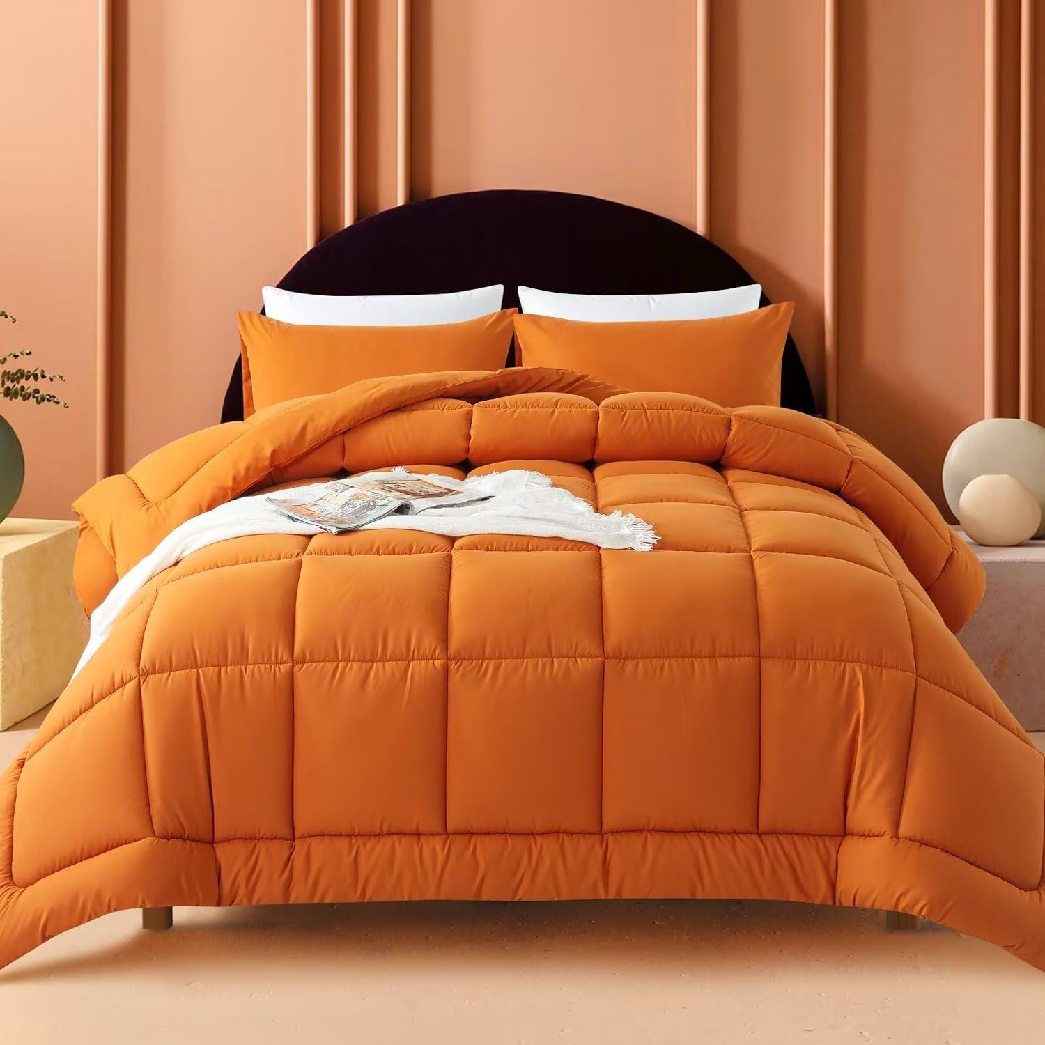 WhatsBedding Queen Comforter Set, Lightweight 3 Pieces Bedding Set for All Season Soft Down Alternative Burnt Orange Bed Set with 2 Pillow Cases, Queen Size,88x90