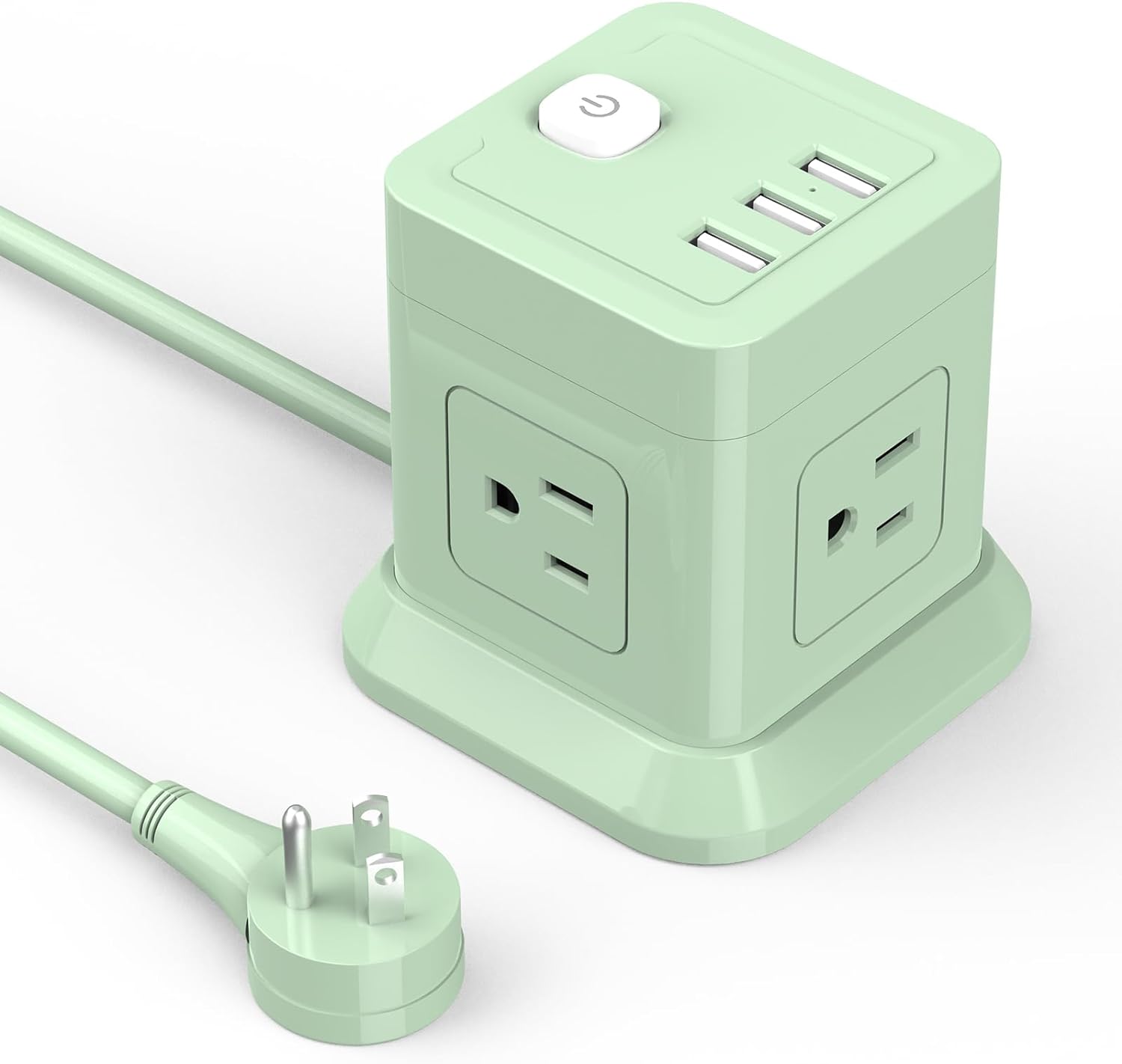 Cube Power Strip, FDTEK 4 Widely Spaced Outlet with 3 USB Flat Plug Power Strips with Long Extension Cords Space Save Compact Portable Power Station for Travel Home Office Cruise (Green 5 ft)