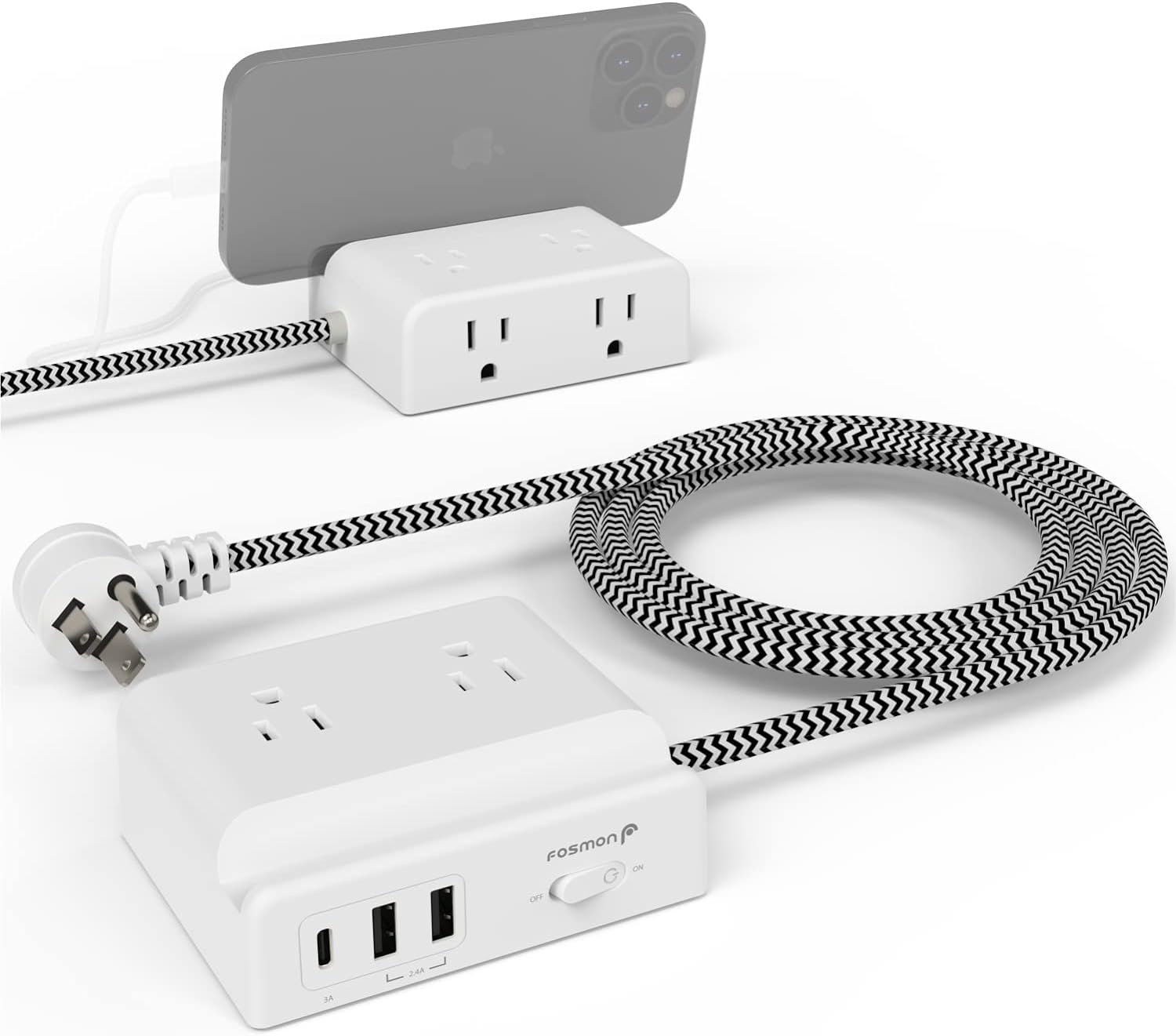 Fosmon Desktop Power Strip with 4 Outlets 3 USB with 5FT Braided Extension Cord Flat Plug, USB C Desk Charging Station, Mountable, Non Surge Protector for Travel, Cruise Ship, ETL Listed