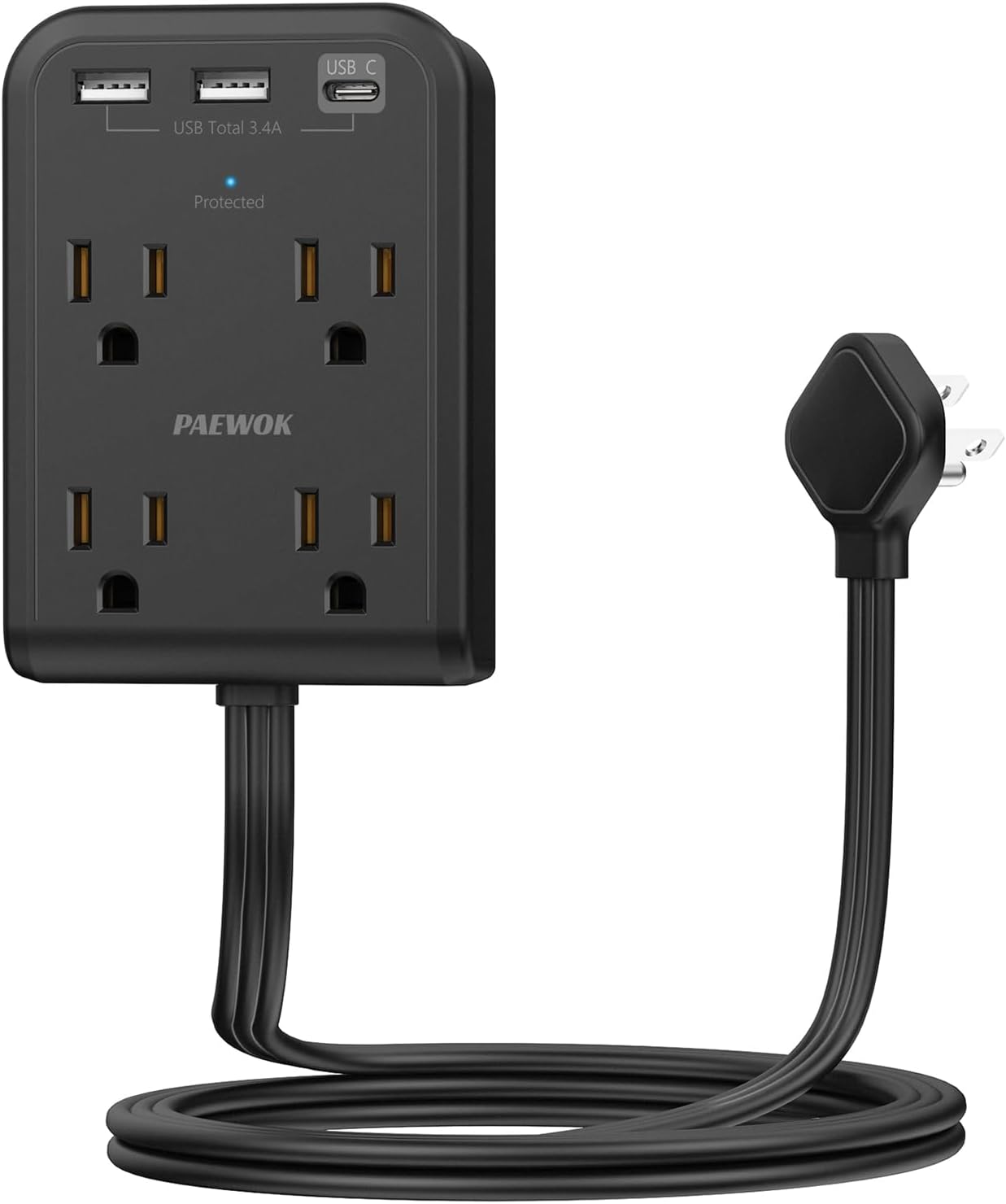 Flat Multi Plug Extender with 3 USB Wall Charger(1 Type C), 4 Outlet Wall Adapter, 4 ft Thin Extension Cord, Flat Plug Surge Protector Power Strip for Home, Office. Black