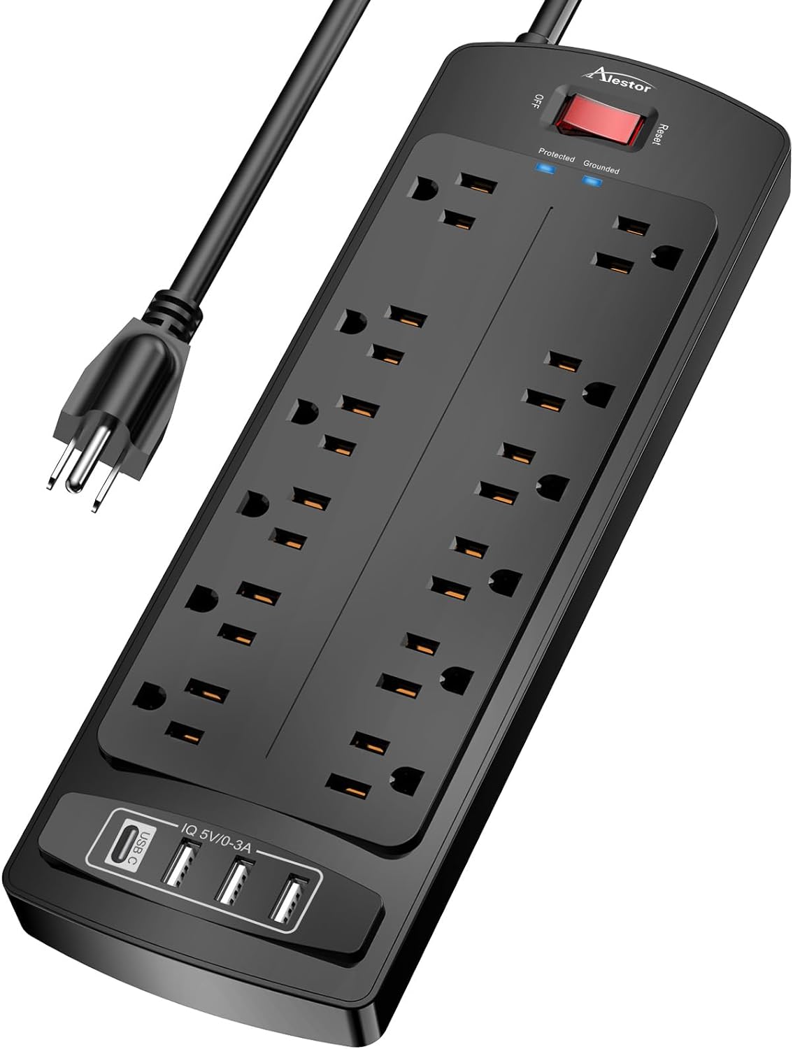 Power Strip Surge Protector - ALESTOR 10 Feet Extension Cord (1875W/15A) with 12 Outlets and 4 USB Ports, 2700 Joules, for Home, School, College Dorm Room, and Office, ETL Listed, Black