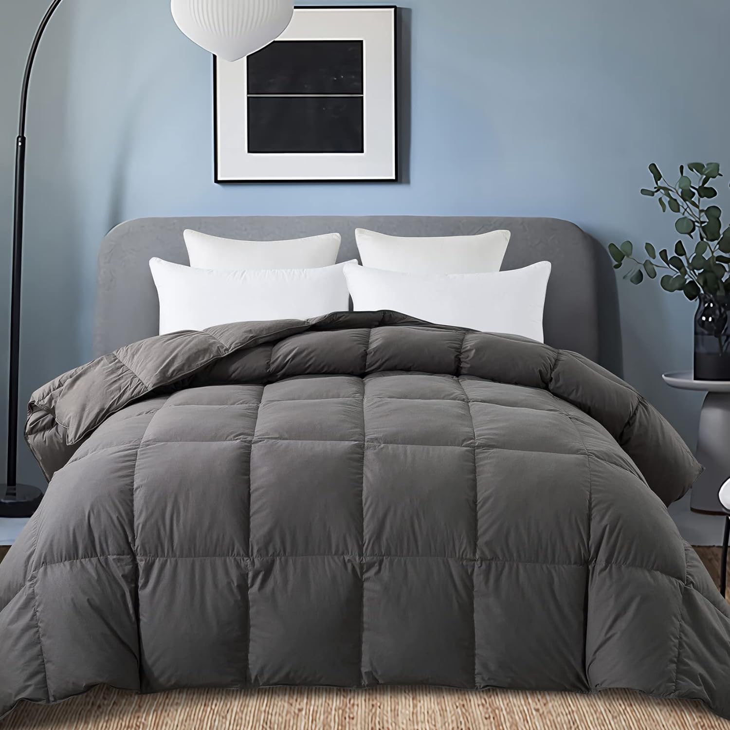 WhatsBedding All Season Feather Comforter California King Size, Filled with Feather and Down, Luxurious Bed Comforter, Dark Grey Medium Warmth Duvet Insert with Corner Tabs,104x96 Inch