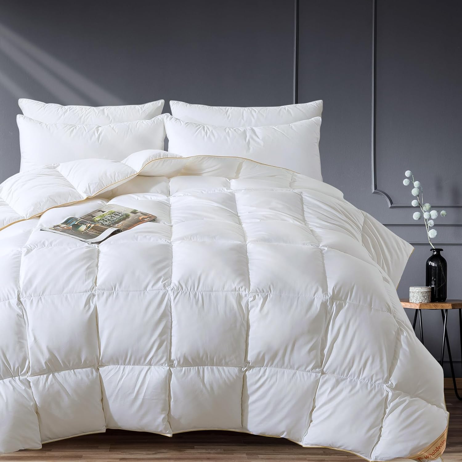 WhatsBedding Luxury Puffy White Goose Feather Down Comforter Queen Size, All Season Feather Duvet Insert 750 FP Luxury Hotel Collection, Ultra Soft Silky Cotton Fabric, 4 Corner Loops, 90x90 in