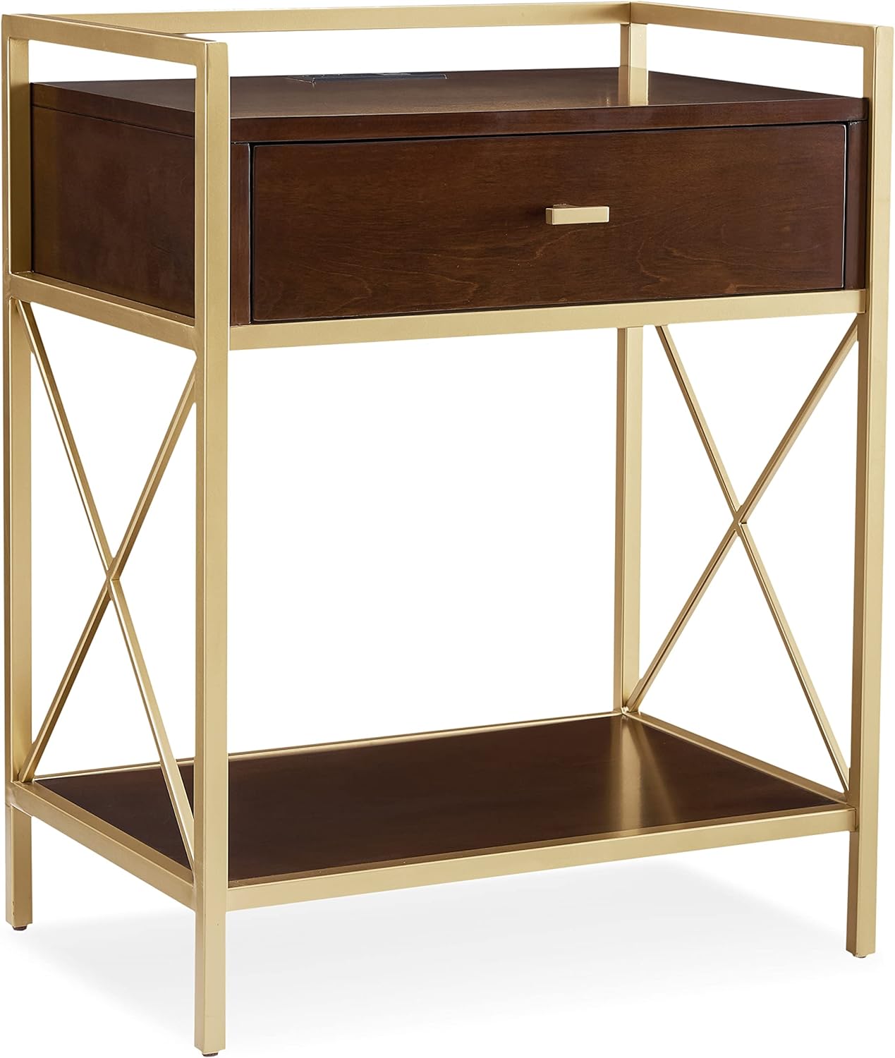 Leick Home Metal and Wood Nightstand/Side Table with Top A/C and USB Port, Walnut/Gold