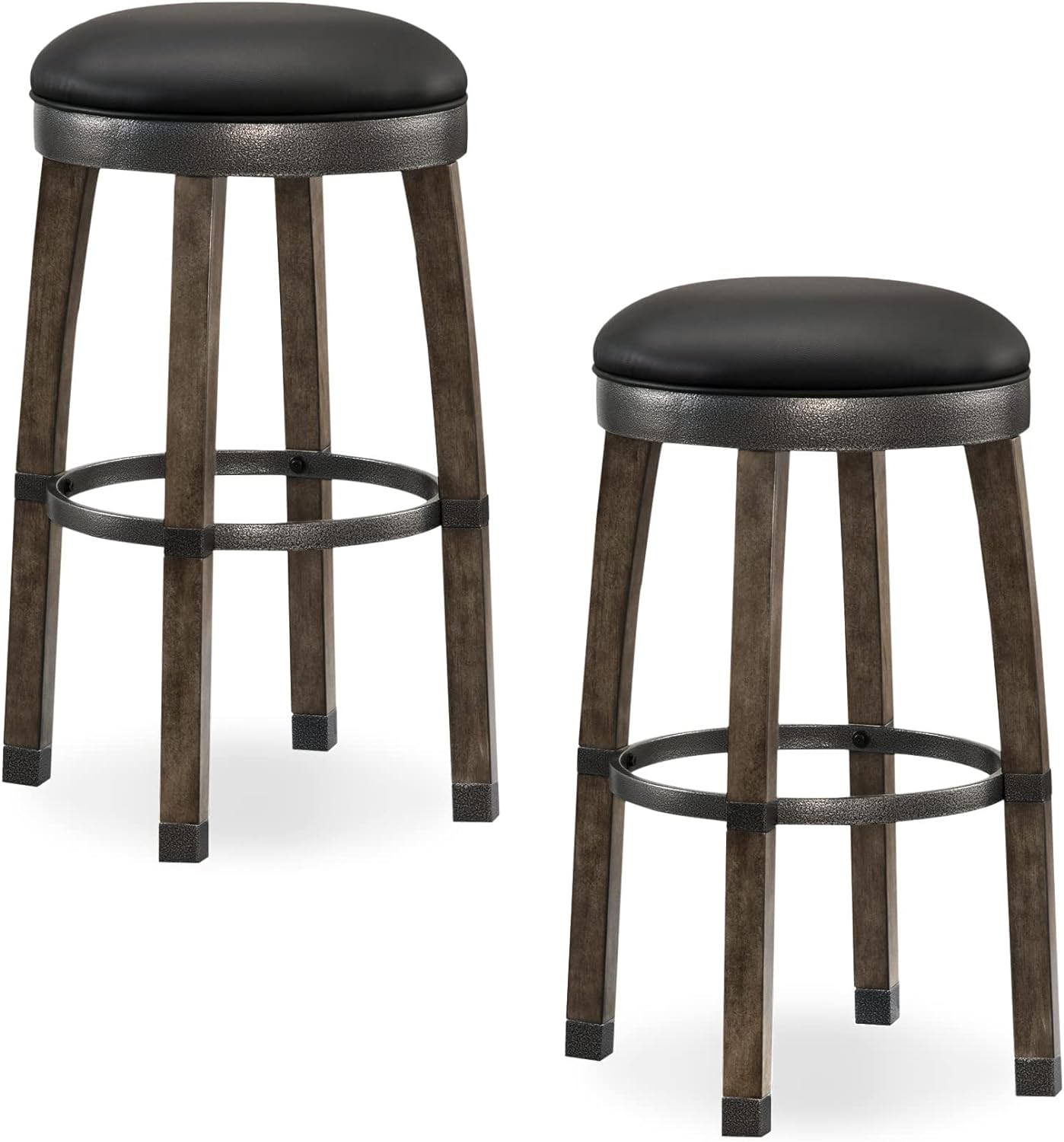 Leick Graystone Wood Cask Stave Bar Stool w/Black Faux Leather Seat, Set of 2, Height