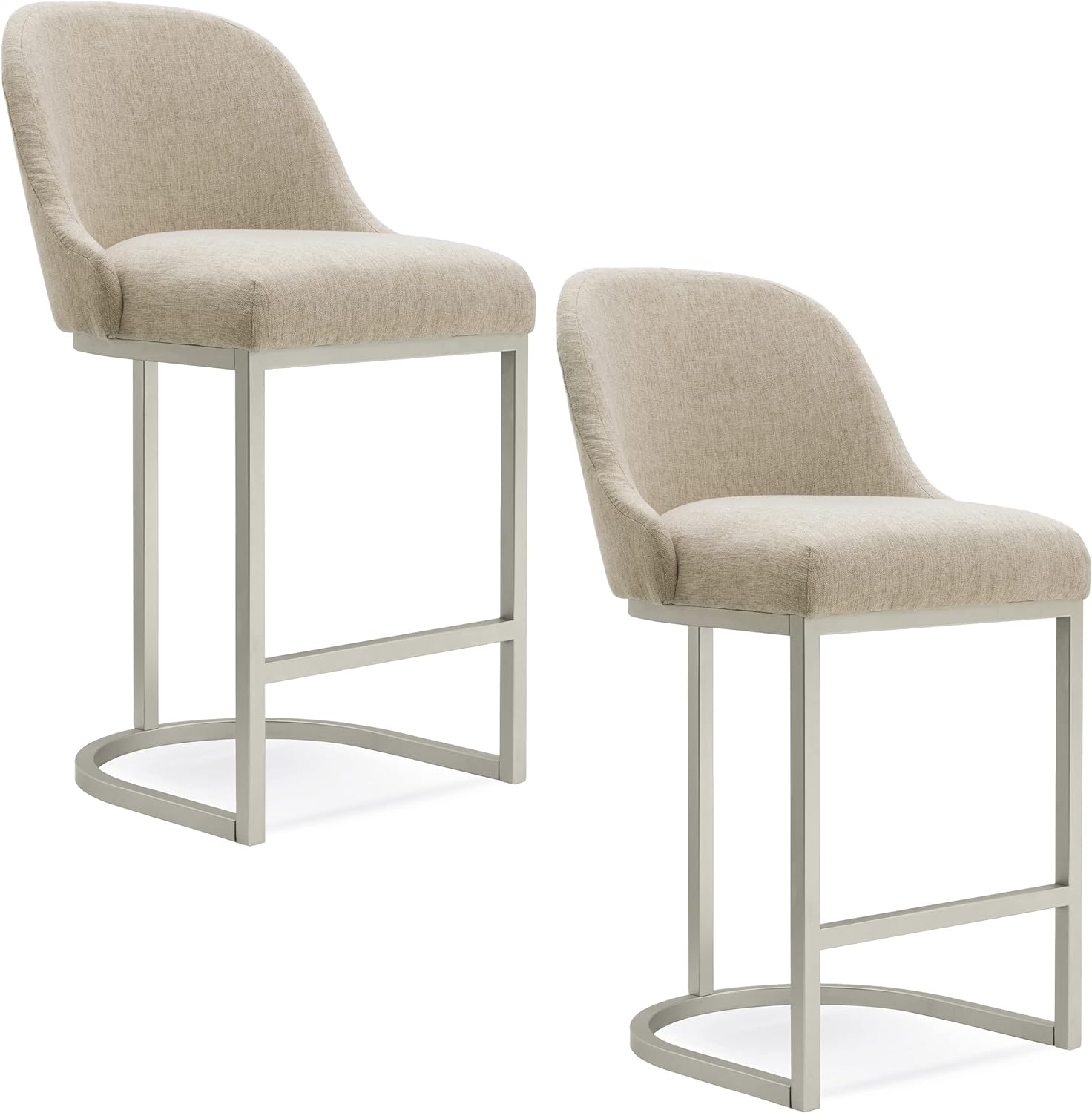 Leick Home 10132PW/OL Barrelback Counter Stool with Metal Base, Set of 2, for Kitchen Counters and Islands, Modern Oatmeal Linen Seat and Pewter Metal Base