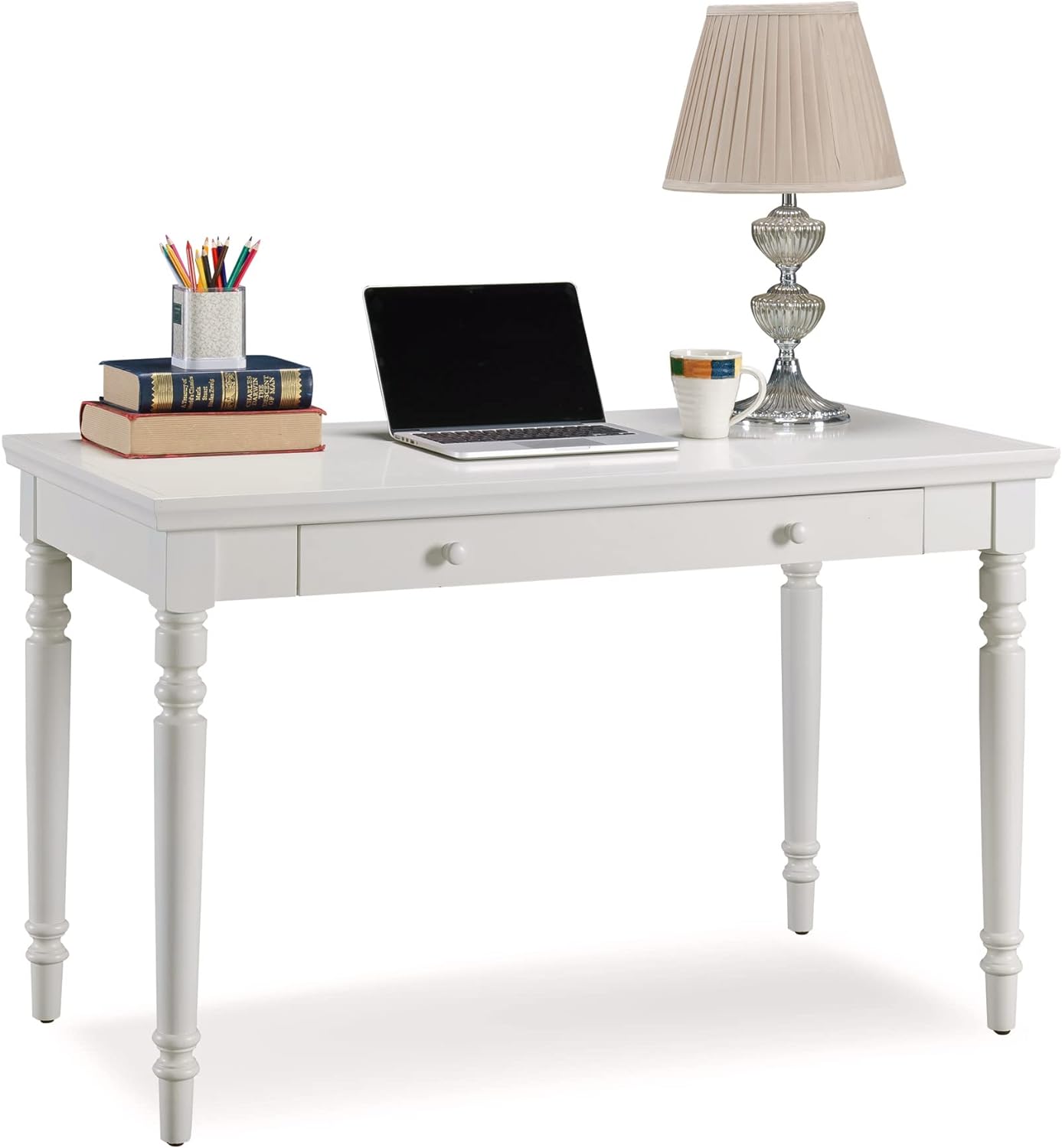 Leick Home Cottage White Turned leg Laptop Desk with Center Drawer, White