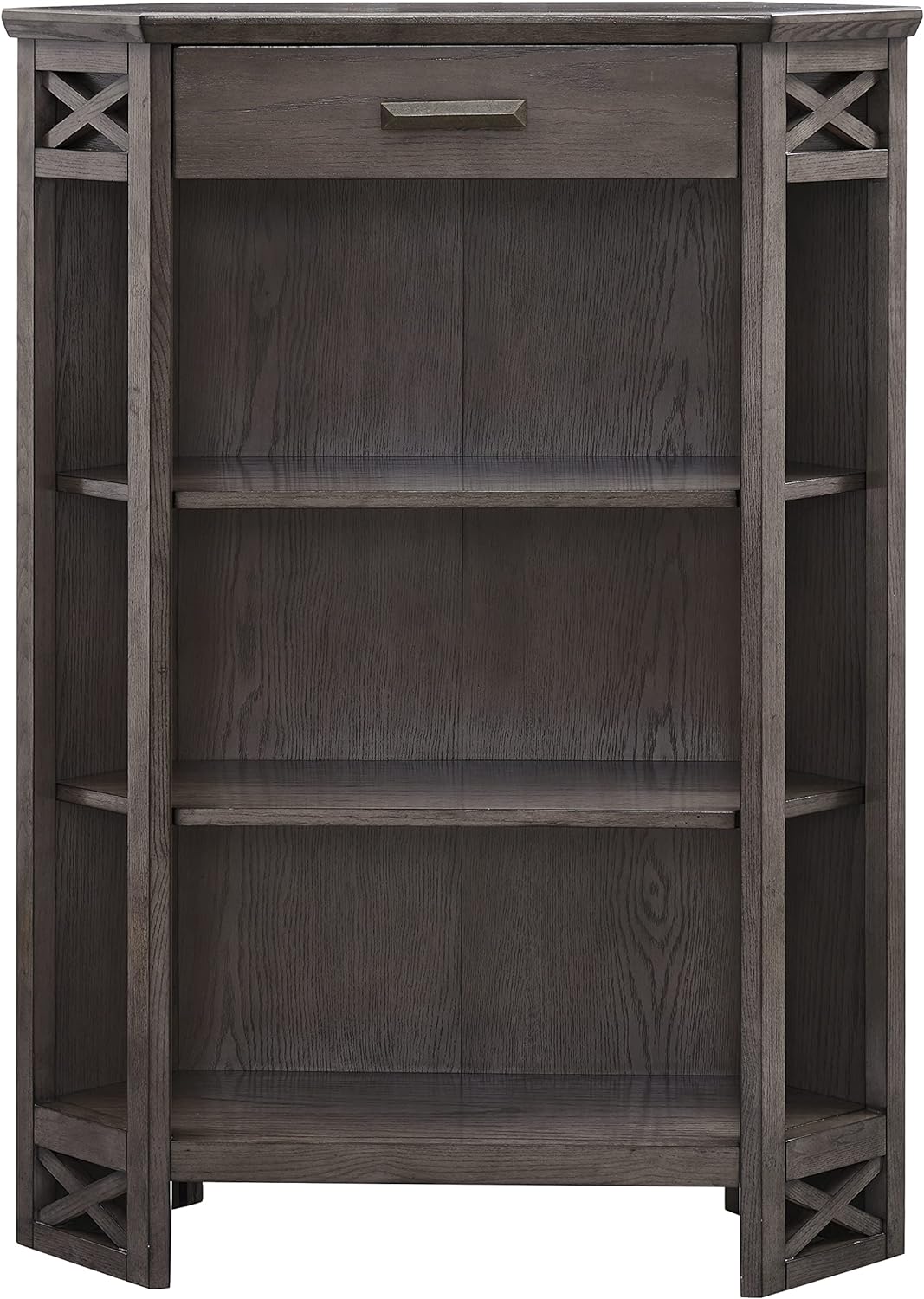 Leick Home 84263 Mantel Height 3-Shelf Corner Bookcase with Drawer Storage, Gray Oak