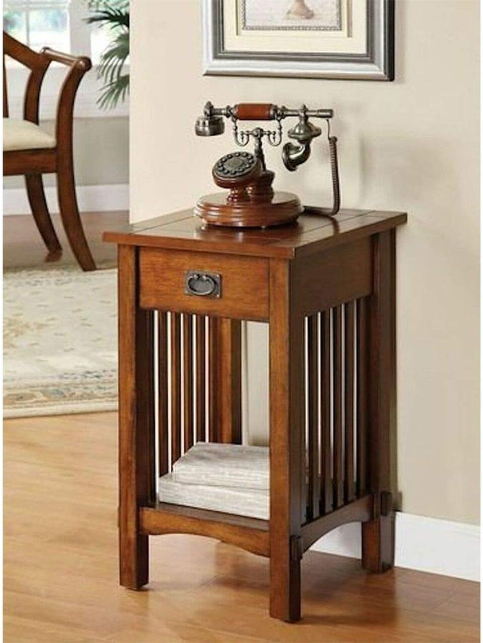 Legacy Decor Mission Style Telephone Stand End Table in Antique Oak Finish with Drawer