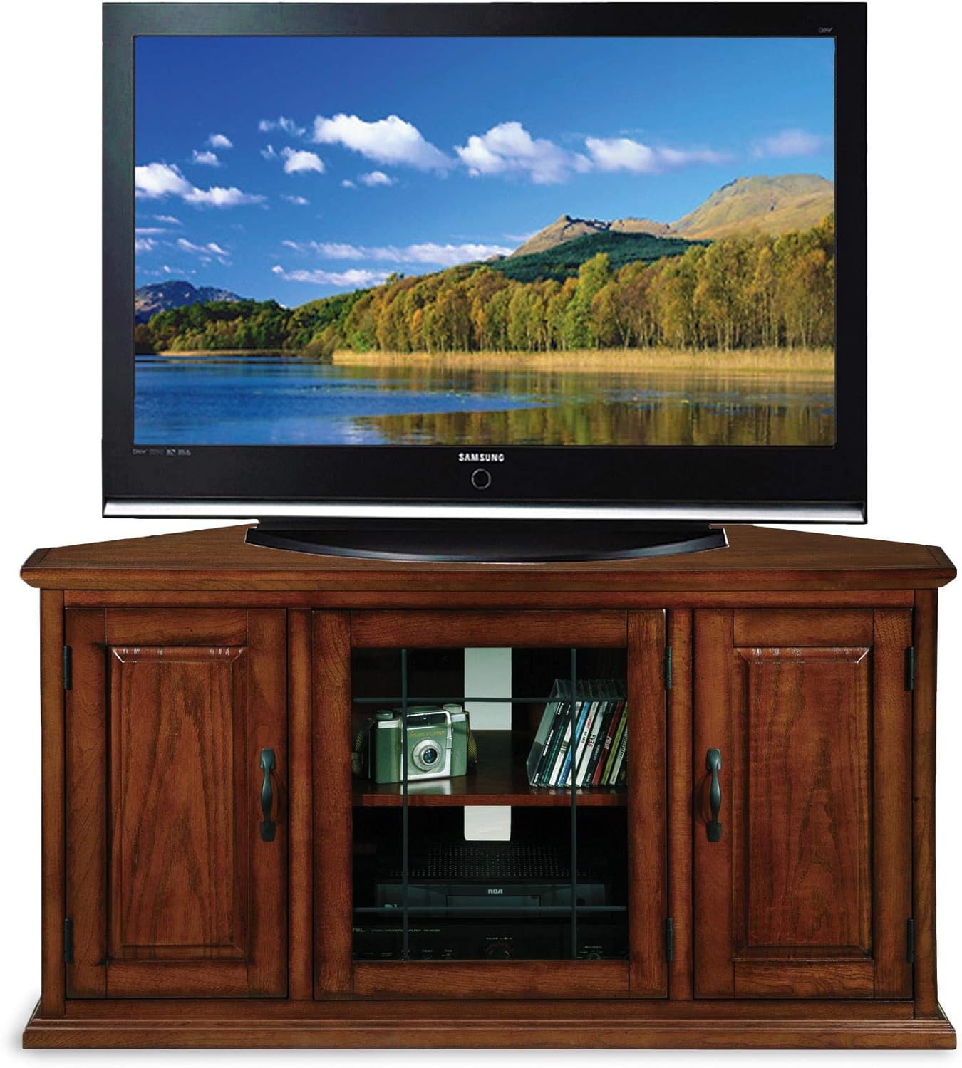 Leick Home Oak Leaded Glass Corner TV Stand