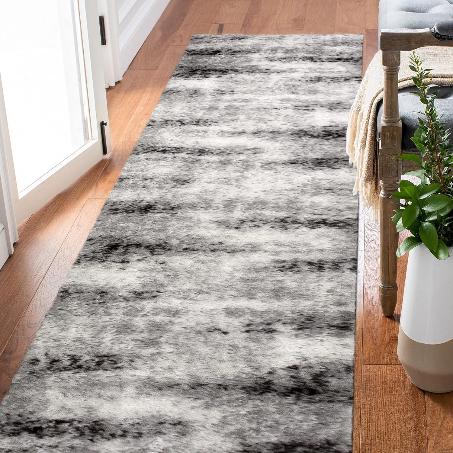 Leick Home 594572 Zielle Runner Soft Shag Painterly Modern Rug Gray Living Room Bedroom Area Rug Runner 2'2 x 10'