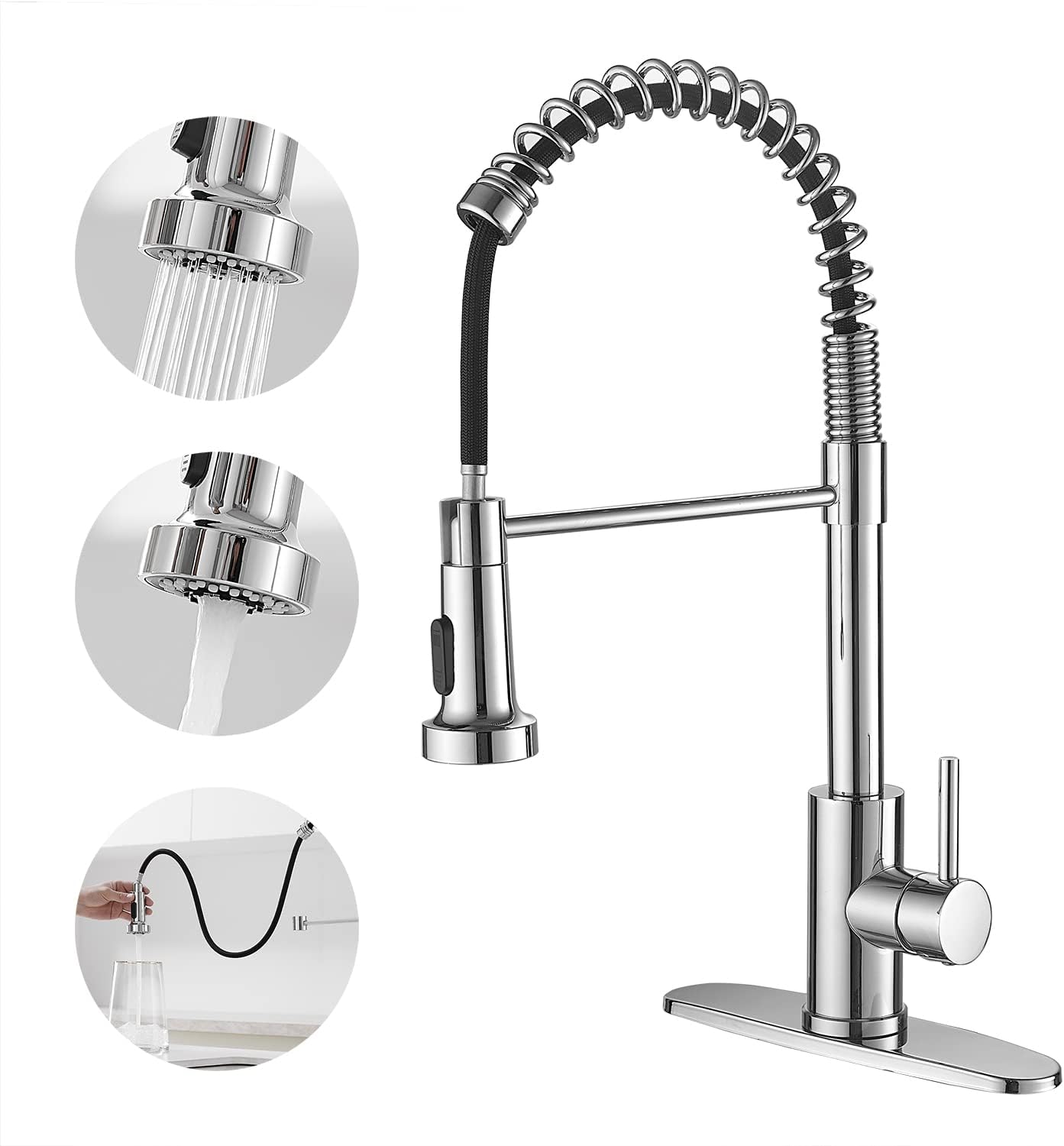 VOTON Kitchen Faucets with Pull Out Sprayer Commercial Spring Sink Faucet Stainless Steel Chrome Pull Down Single Handle Farmhouse faucets with Deck Plate for Camper Laundry Utility Rv Wet Bar