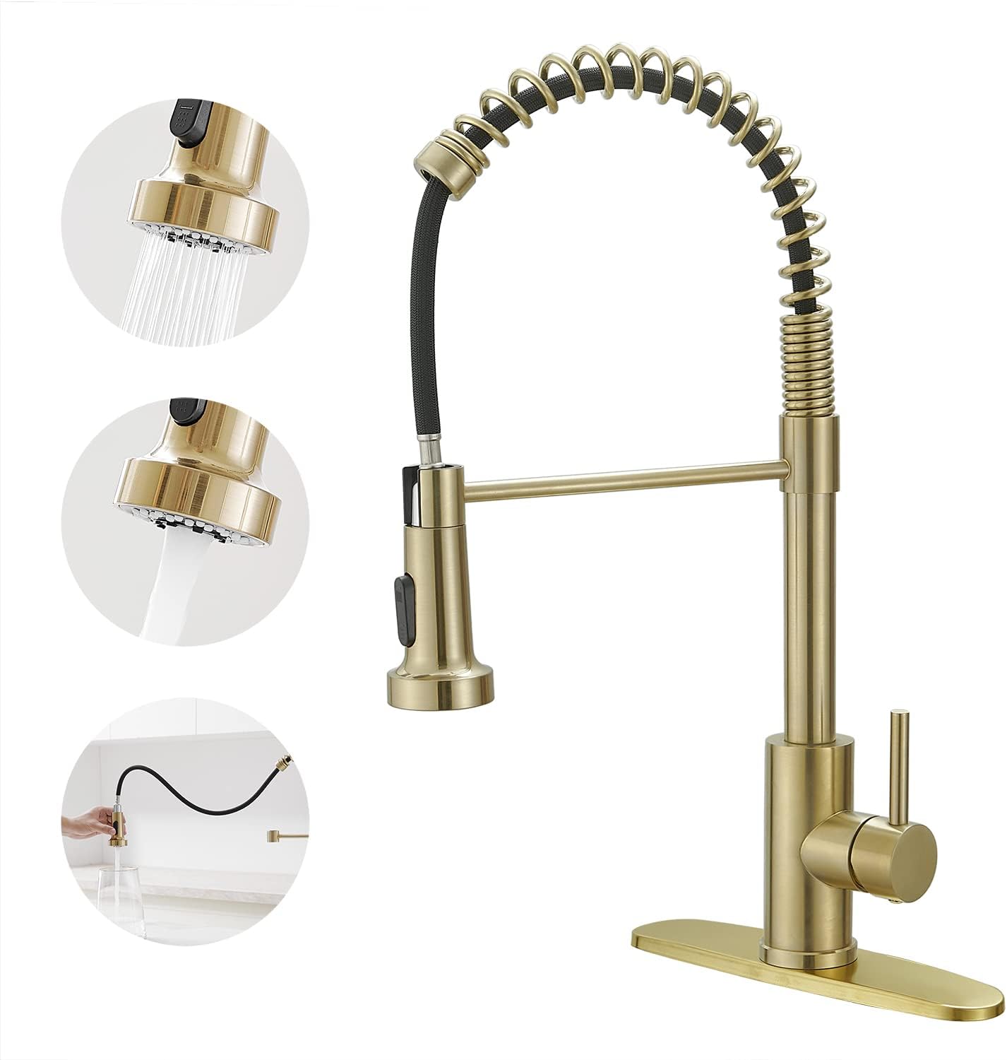 VOTON Kitchen Faucets with Pull Out Sprayer Commercial Spring Sink Faucet Stainless Steel Brushed Gold Pull Down Single Handle Farmhouse faucets with Deck Plate for Camper Laundry Utility Rv Wet Bar