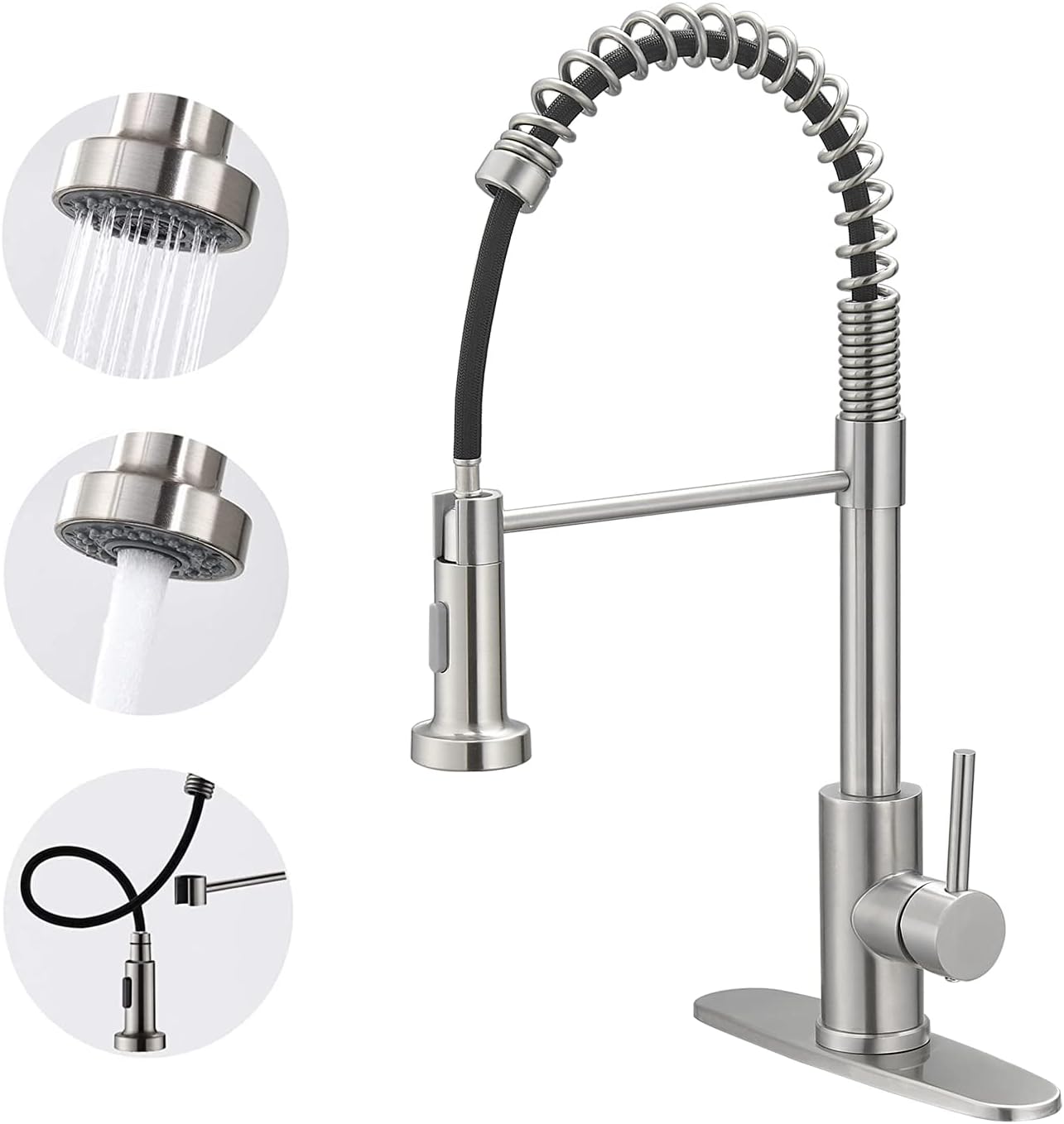 VOTON Kitchen Faucets with Pull Out Sprayer Commercial Spring Sink Faucet Stainless Steel Brushed Nickel Pull Down Single Handle Farmhouse faucets with Deck Plate for Camper Laundry Utility Rv Wet Bar