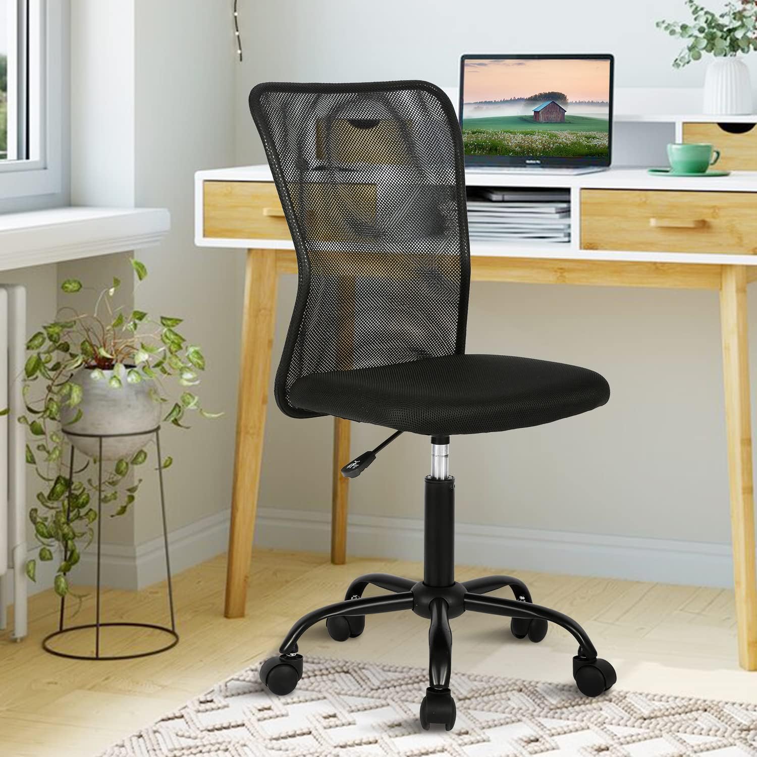 Small Office Chair, Armless Desk Chair with Wheels, Ergonomic Computer Chair with Lumbar Support, Mid Back Mesh Rolling Swivel Task Chair for Small Spaces Black