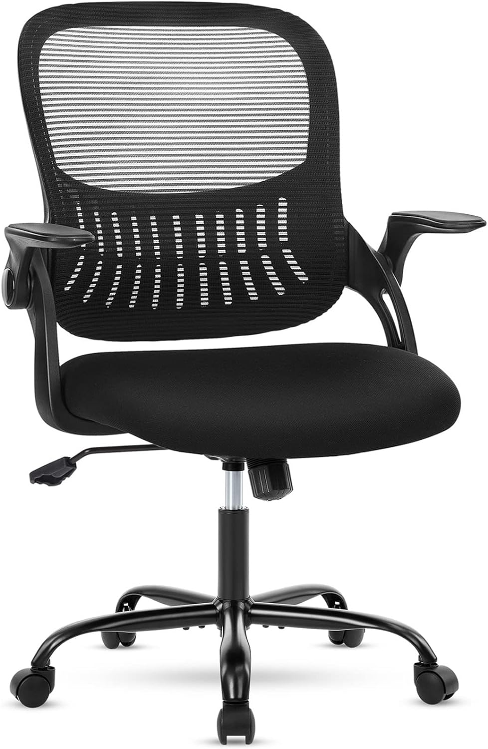 Sweetcrispy Office Computer Desk Chair, Ergonomic Mid-Back Mesh Rolling Work Swivel Task Chairs with Wheels, Comfortable Lumbar Support, Comfy Flip-up Arms for Home, Bedroom, Study, Student, Black