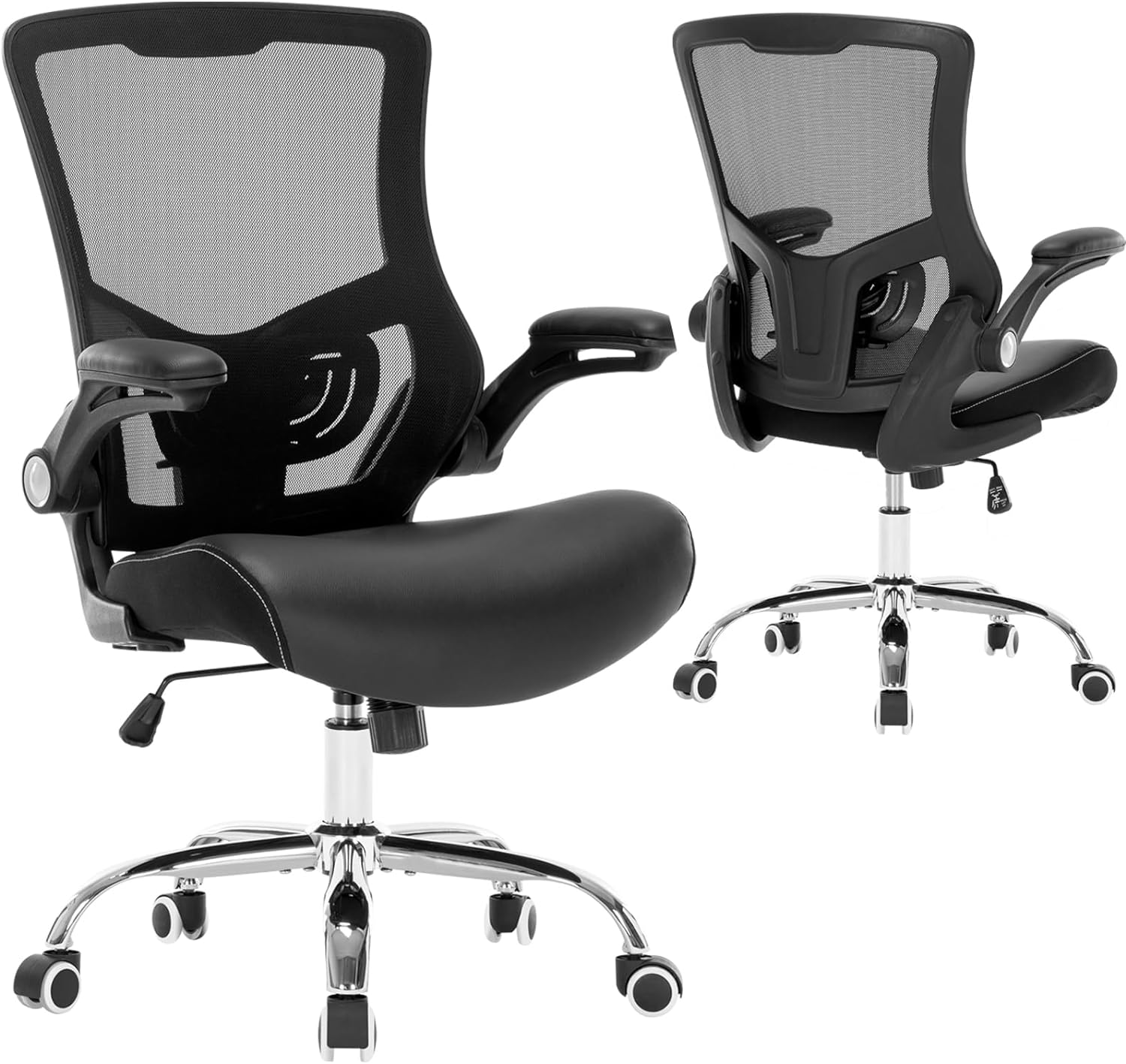 Office Chair -PU Cushion Ergonomic Mesh Back Home Office Desk Chairs with Adjustable Lumbar Support & Seat Height, Swivel Executive Computer Task Chairs with Flip-Up Arms for Office/Study