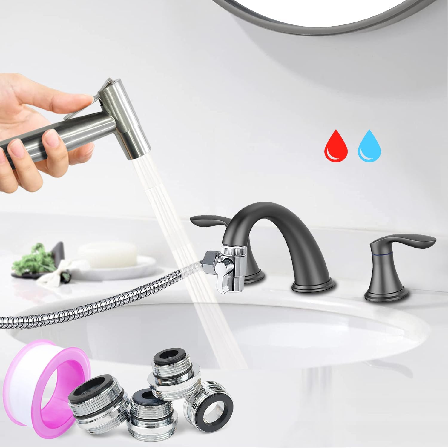 Premium Brushed Sink Faucet Handheld Bidet Sprayer for Toilet -Bidet Attachment Set for Warm & Cold Water with Dual Function, Perfect for Feminine Hygiene, Cloth Diaper,Bathroom Toilet Cleaning,etc