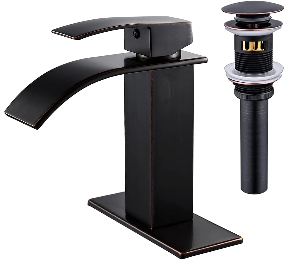 VOTON Bathroom Sink Faucet Oil Rubbed Bronze Waterfall Bathroom Faucet with Pop Up Drain Black Single Handle Sink Faucet Bathroom 1 Hole with 3 Hole Deck Plate, Rv Lavatory Vessel Faucet