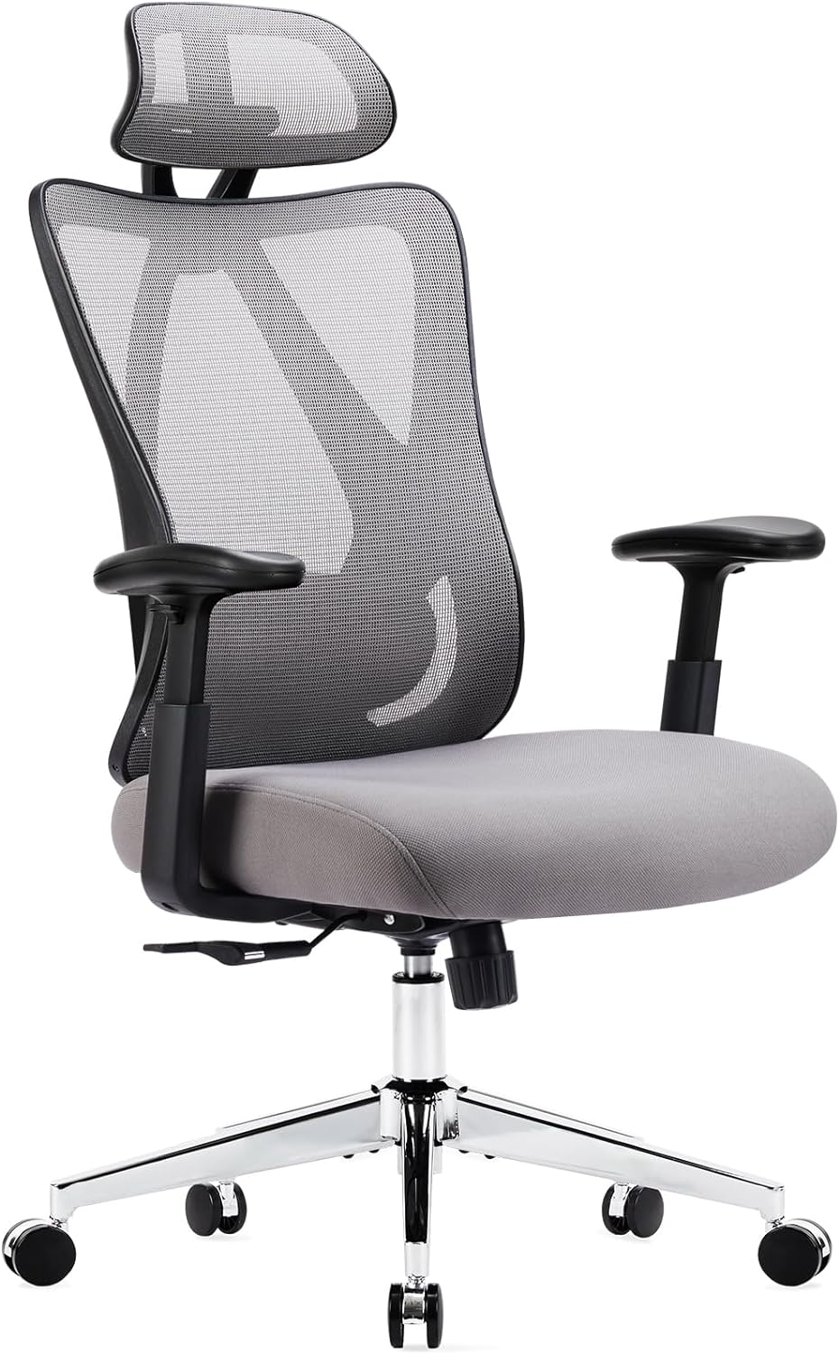 Sweetcrispy Ergonomic Office Desk Computer Chair, High Back Comfy Swivel Home Gaming Mesh Chairs with Wheels, Adjustable Lumbar Support, Headrest, Liftable 2D Arms,135 Tilt for Bedroom, Study, Grey