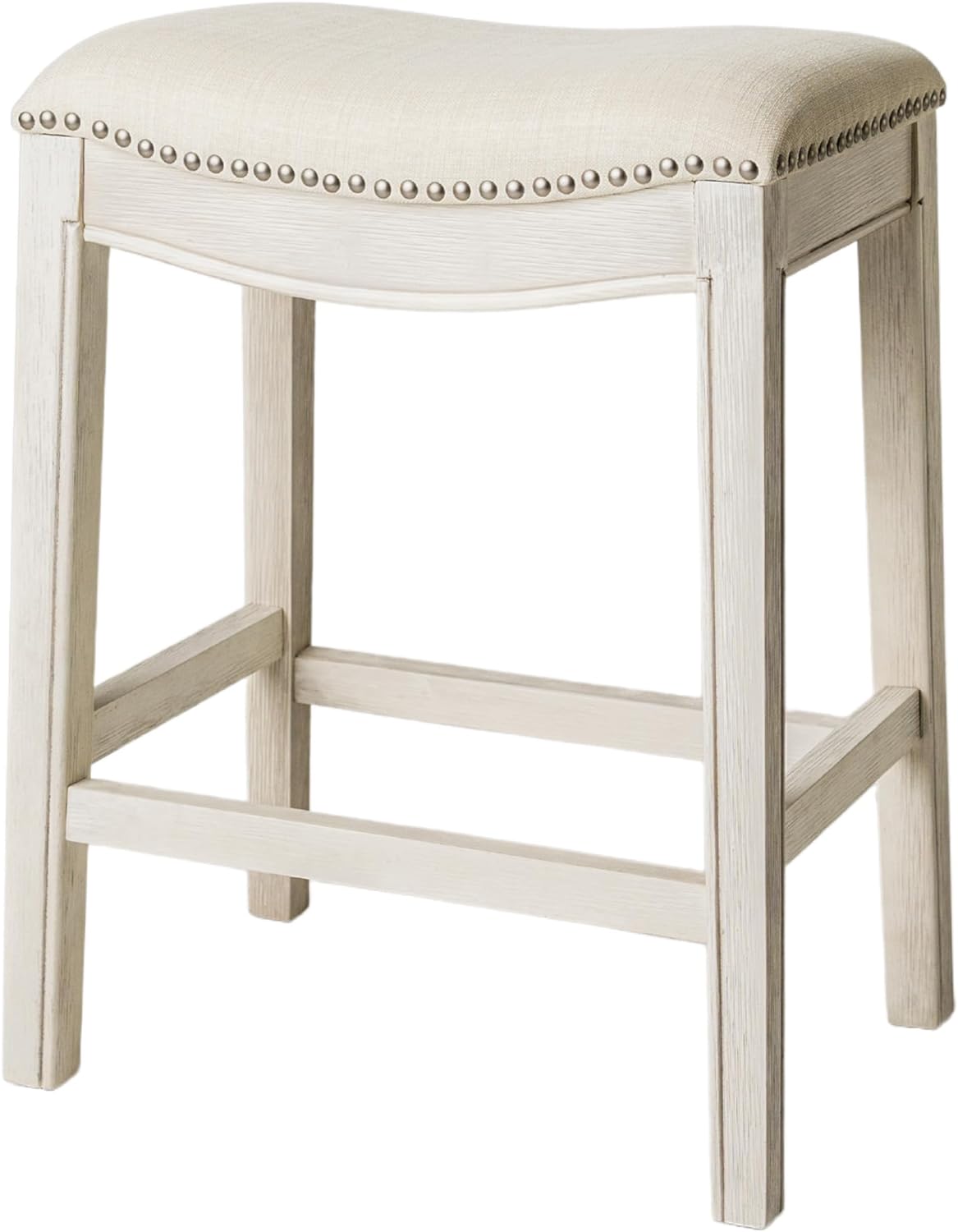 Maven Lane Adrien 26 Inch Counter Height Upholstered Backless Saddle Barstool in White Oak Finish with Natural Color Fabric Cushion Seat