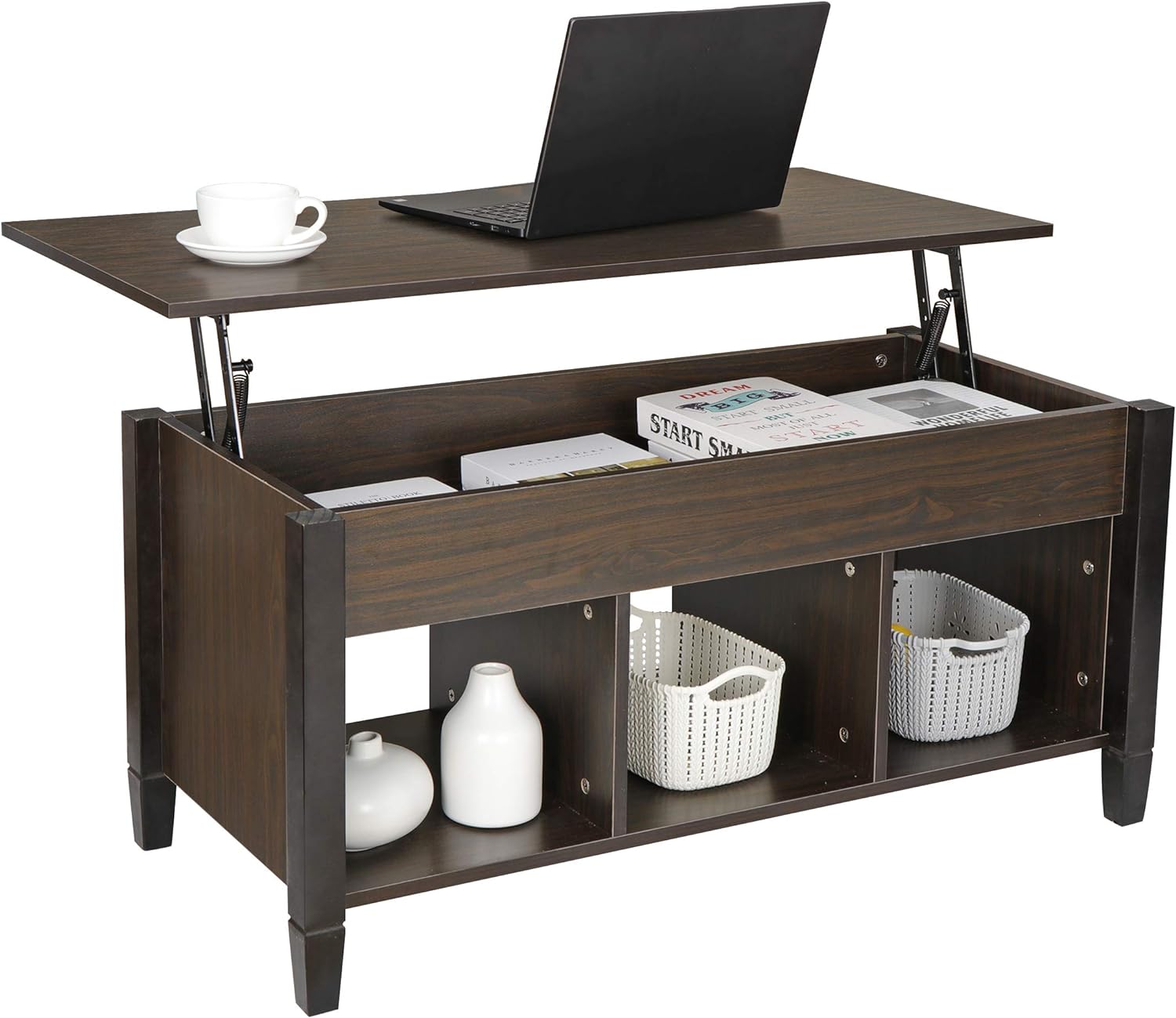 ZENY Lift Top Coffee Table with Hidden Compartment and 3 Divided Shelves Modern Furniture for Home, Living Room, Dcor