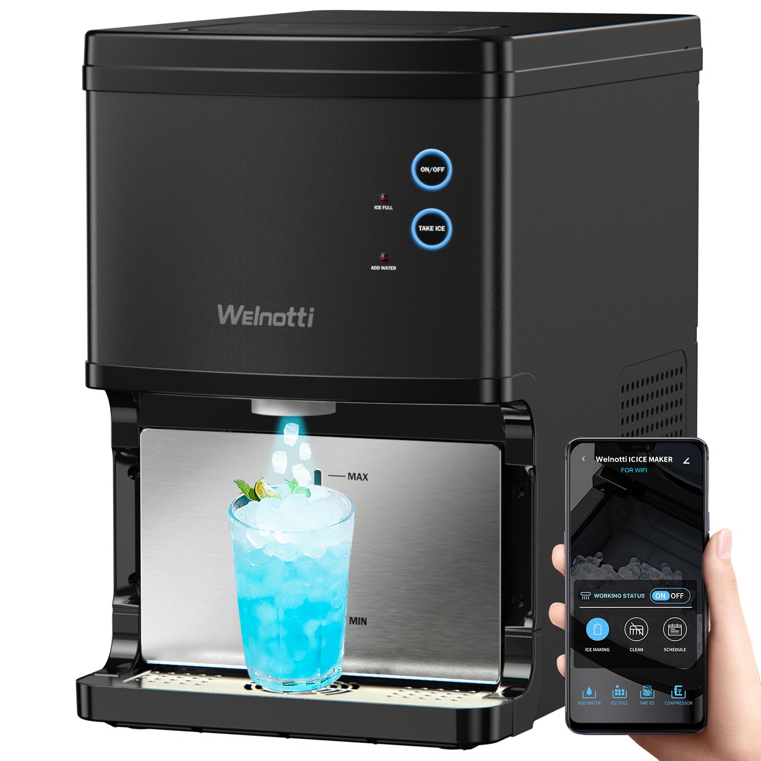 Nugget Ice Makers Countertop Self Dispensing, Pebble Ice Makers CountertopSonic, Self Cleaning, 40Lbs/24H, with App Control, Ice Machine Crushed for Home/Bar/Party(Matte Black)