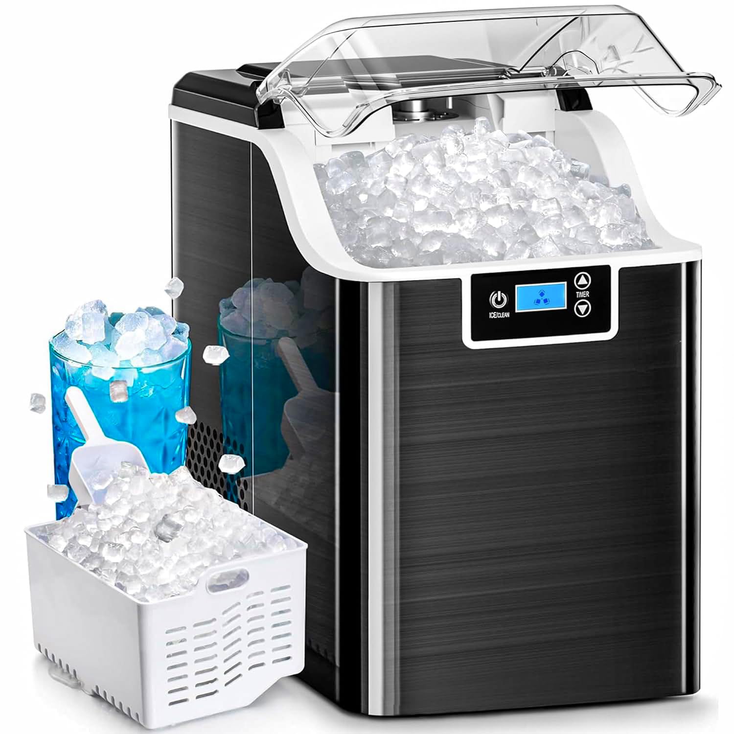 Kismile Nugget Ice Makers Countertop, 45lbs/Day Pebble Ice Maker Machine with 24-Hour Timer, Self-Cleaning Sonic ice Maker with Ice Scoop and Ice Basket for Home & Kitchen (Stainless Steels Black)