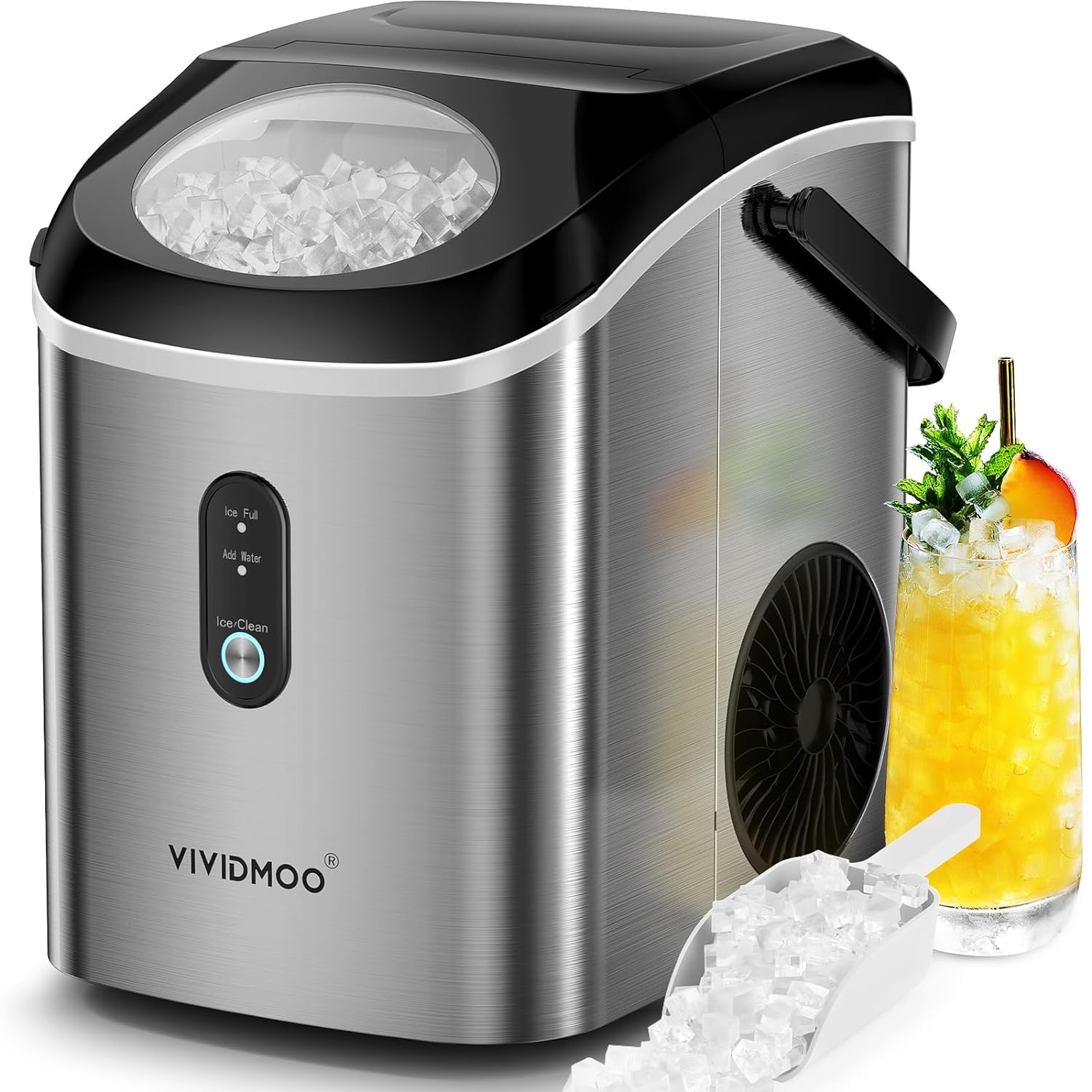 Nugget Ice Maker Countertop, 33 lbs in 24 Hours, Self-cleaning Sonic Portable, Soft Chewable Pebble Ice in 5 Mins with Ice Scoop and Basket Home/Kitchen/Office Vividmoo