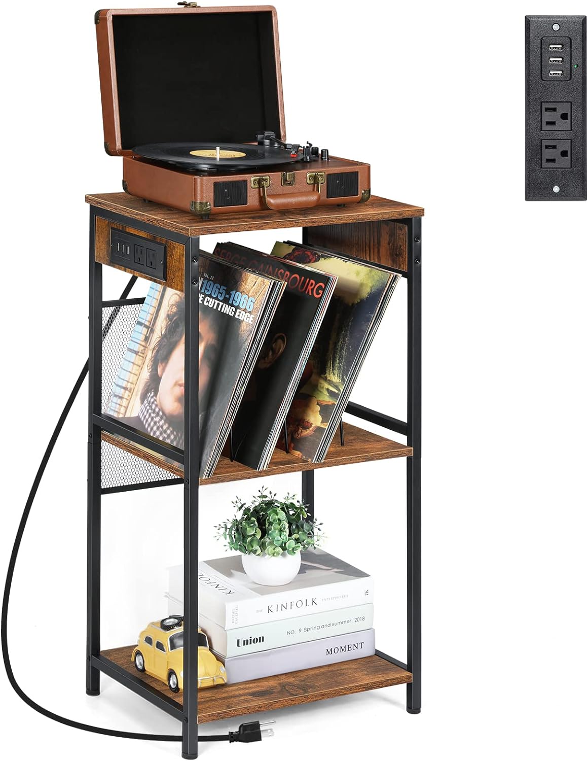 Record Player Stand Turntable Stand with Album Storage End Table with Charging Station Vinyl Record Storage Stand 3 Tier Vinyl Record Player Stand Industrial Side Table for Living Room Bedroom