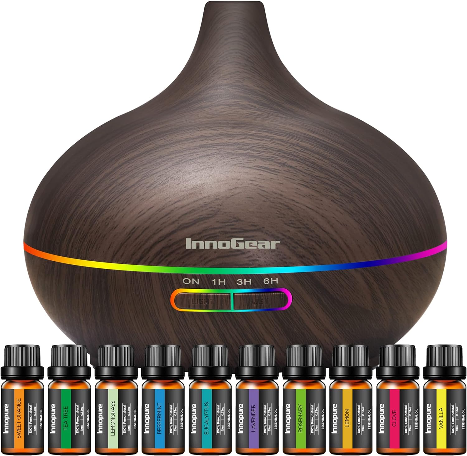 InnoGear Aromatherapy Diffuser & 10 Essential Oils Set, 400ml Diffuser Ultrasonic Diffuser Cool Mist Humidifier with 4 Timers 7 Colors Light Waterless Auto Off for Large Room Office, Dark Wood Grain