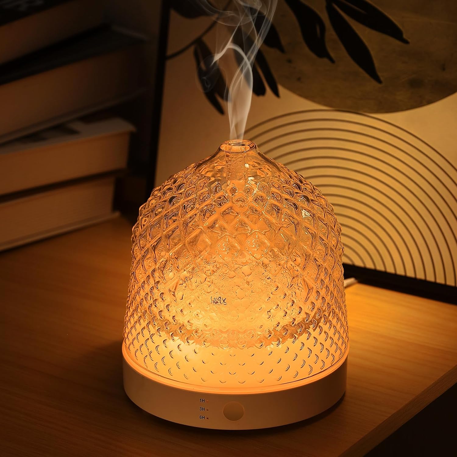 Glass Essential Oil Diffuser, 200ml Ultrasonic Aroma Diffusers with Glass Reservoir Dome Lock Color Auto-Off Timer 7 Color Light for Gift Home Office Bedroom